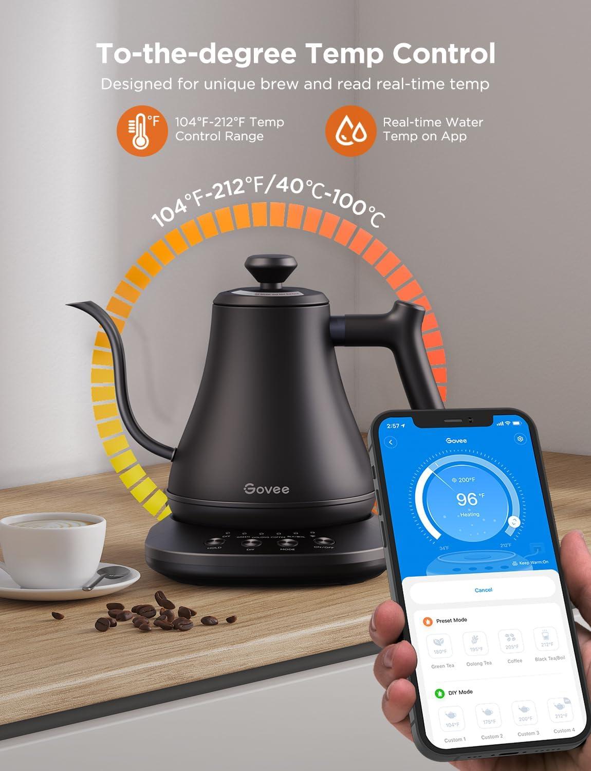 imageGovee Smart Electric Kettle WiFi Variable Temperature Gooseneck Pour Over Kettle and Tea Kettle Alexa Control 1200W Quick Heating 100 Stainless Steel 08L Matte Black