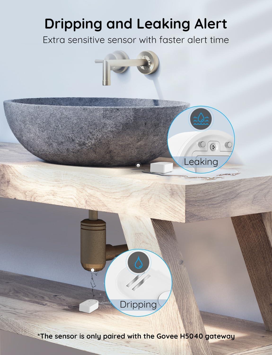 imageGovee Water Leak Detectors 5 Pack 100dB Adjustable Audio Alarm Sensor Sensitive Leak and Drip Alert for Kitchen Bathroom Basement Cannot Connect to WiFi Directly