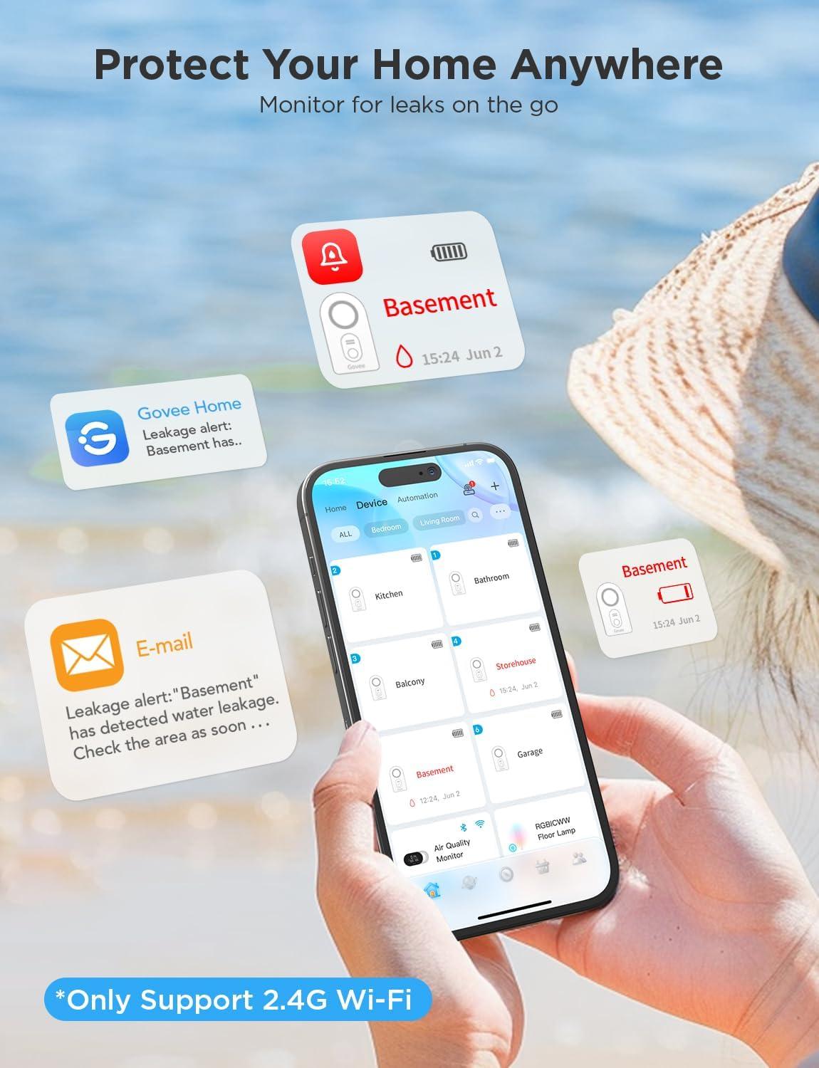 imageGovee WiFi Water Sensor 2 Pack Smart Water Leak Detector 100dB Adjustable Alarm Suit for Home and Basement Water Leak Alert with Email ampamp APP Push Only Support 24G WiFi3 sensor  Gateway