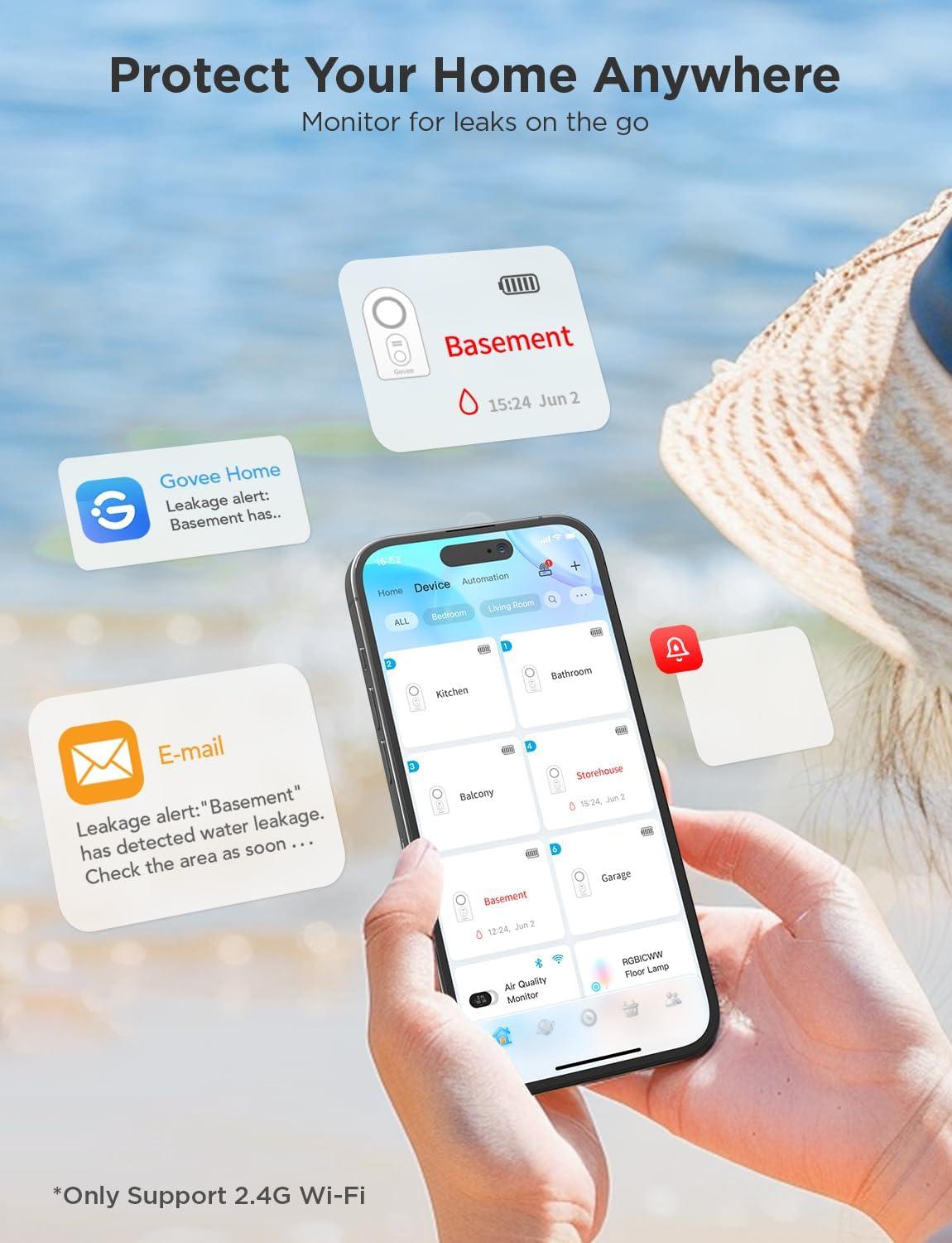 imageGovee WiFi Water Sensor 2 Pack Smart Water Leak Detector 100dB Adjustable Alarm Suit for Home and Basement Water Leak Alert with Email ampamp APP Push Only Support 24G WiFi2 sensor  Gateway
