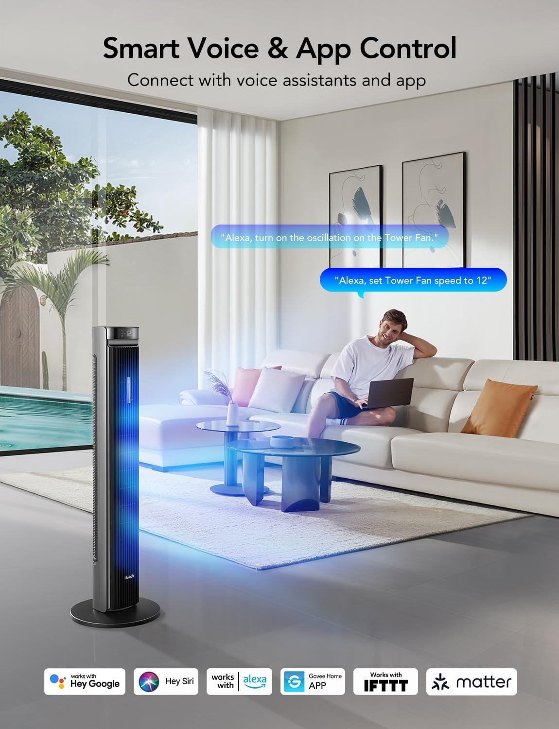 imageGoveeLife 42 Tower Fan for Bedroom Smart Floor Fans with 150 Adjustable Oscillating APP ampamp Voice Control 5 Modes 12 Speeds up to 26fts 24H Timer 27dB Quiet Fan for Cooling Home Office BlackSilver