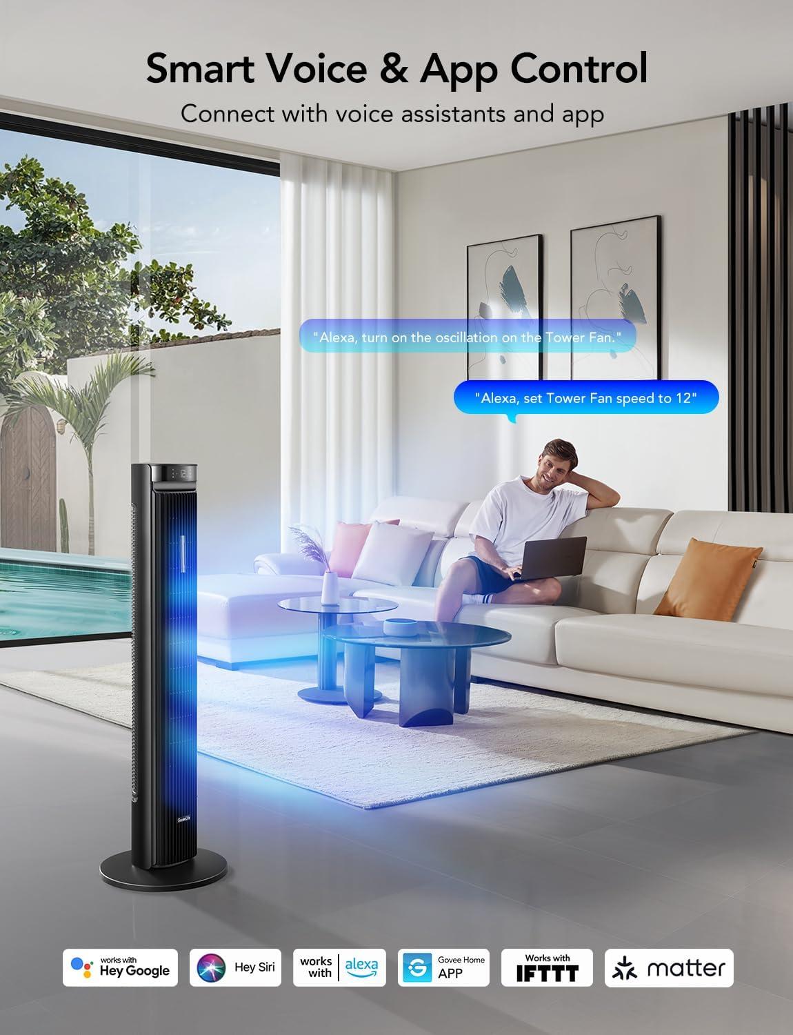 imageGoveeLife 42 Tower Fan for Bedroom Smart Floor Fans with 150 Adjustable Oscillating APP ampamp Voice Control 5 Modes 12 Speeds up to 26fts 24H Timer 27dB Quiet Fan for Cooling Home Office BlackBlack