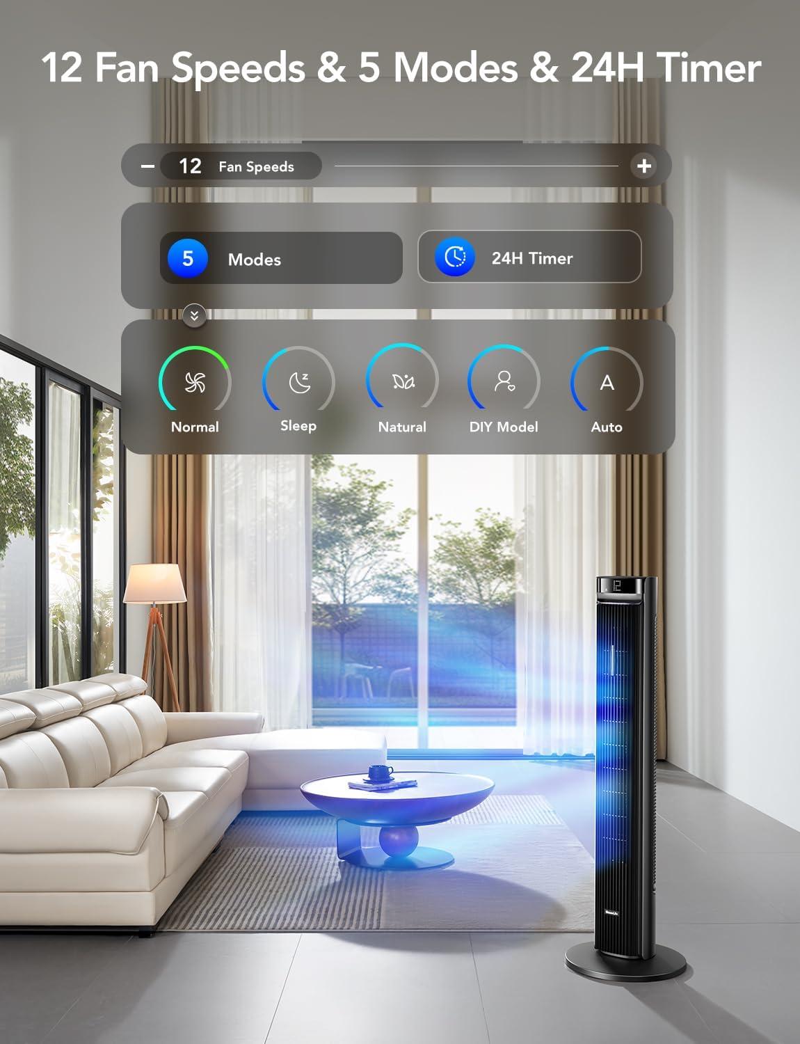 imageGoveeLife 42 Tower Fan for Bedroom Smart Floor Fans with 150 Adjustable Oscillating APP ampamp Voice Control 5 Modes 12 Speeds up to 26fts 24H Timer 27dB Quiet Fan for Cooling Home Office BlackBlack