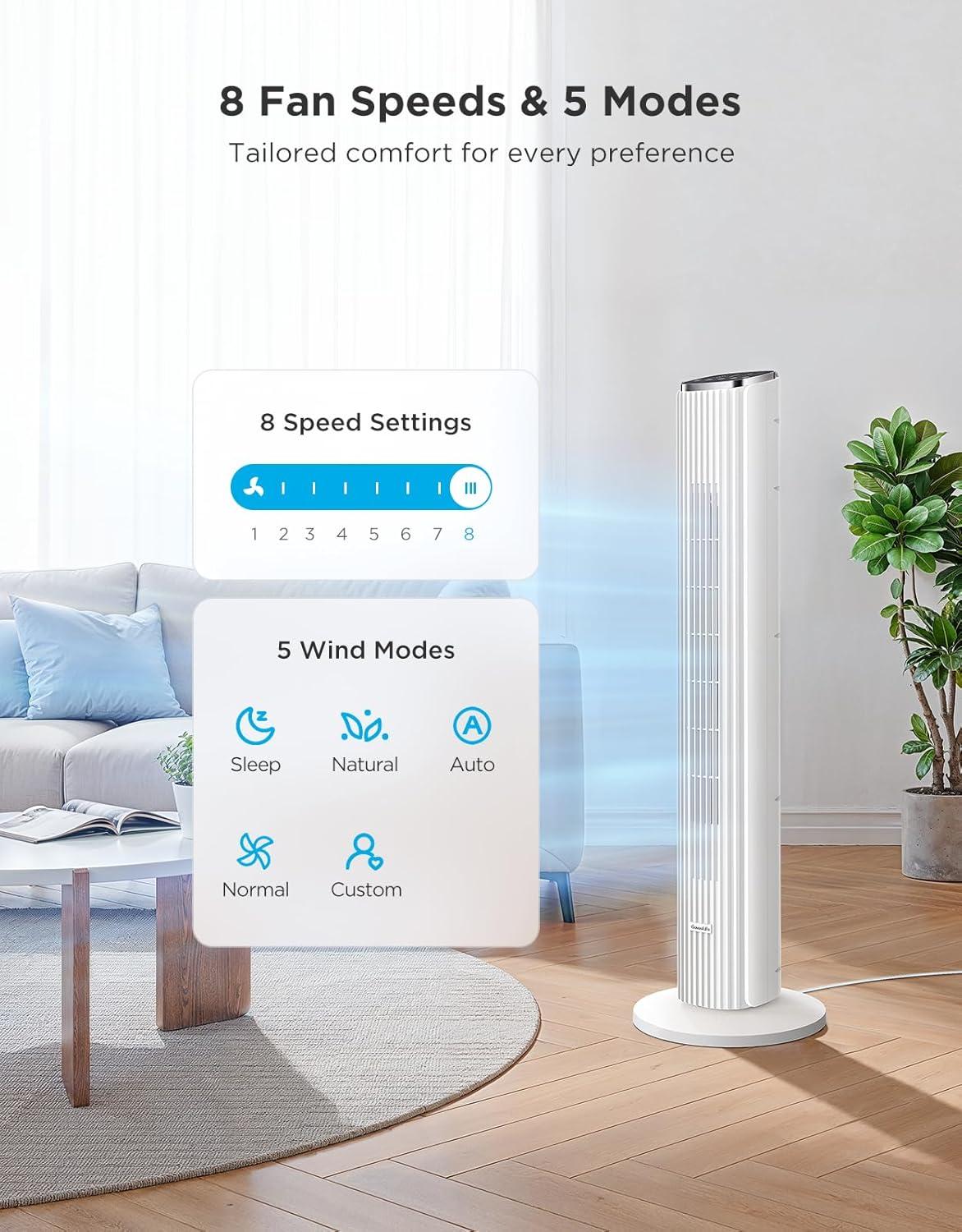 imageGoveeLife Black Tower Fan for Bedroom 36quot Smart Floor Fan with AppVoice Control Temperature Sensor 5 Modes 8 Speeds25fts 29dB Quiet Oscillating Fan for Office 24H Timer Auto CoolingWhite