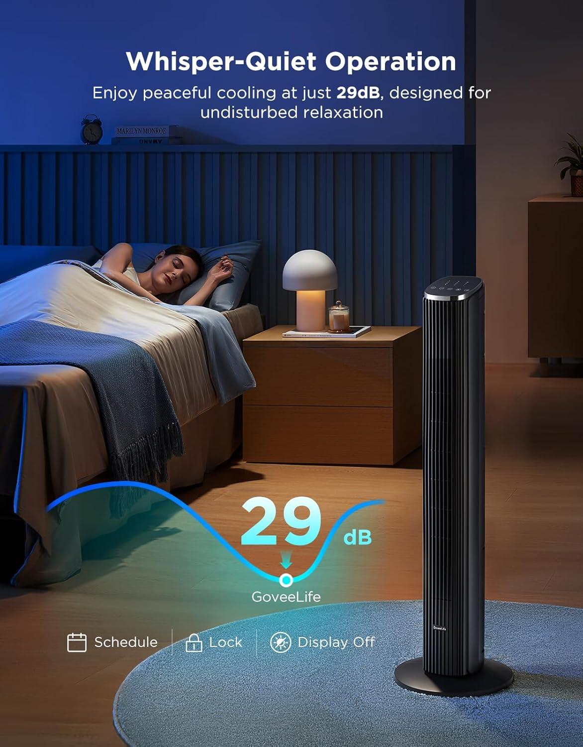 imageGoveeLife Black Tower Fan for Bedroom 36quot Smart Floor Fan with AppVoice Control Temperature Sensor 5 Modes 8 Speeds25fts 29dB Quiet Oscillating Fan for Office 24H Timer Auto CoolingBlack