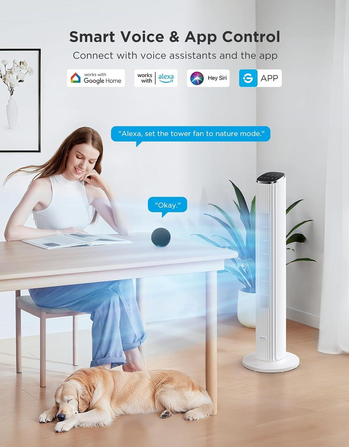 imageGoveeLife Black Tower Fan for Bedroom 36quot Smart Floor Fan with AppVoice Control Temperature Sensor 5 Modes 8 Speeds25fts 29dB Quiet Oscillating Fan for Office 24H Timer Auto CoolingWhite