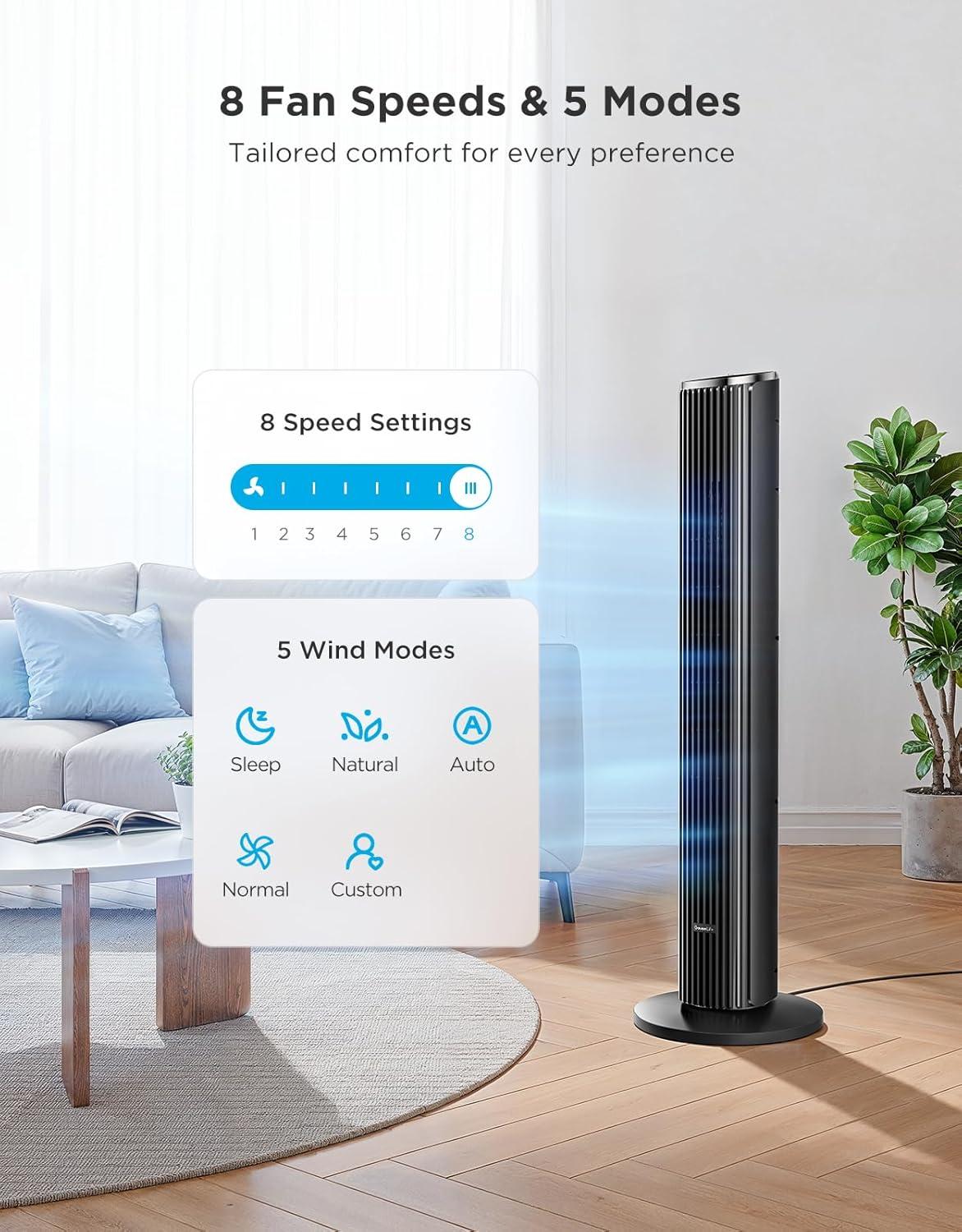 imageGoveeLife Black Tower Fan for Bedroom 36quot Smart Floor Fan with AppVoice Control Temperature Sensor 5 Modes 8 Speeds25fts 29dB Quiet Oscillating Fan for Office 24H Timer Auto CoolingBlack