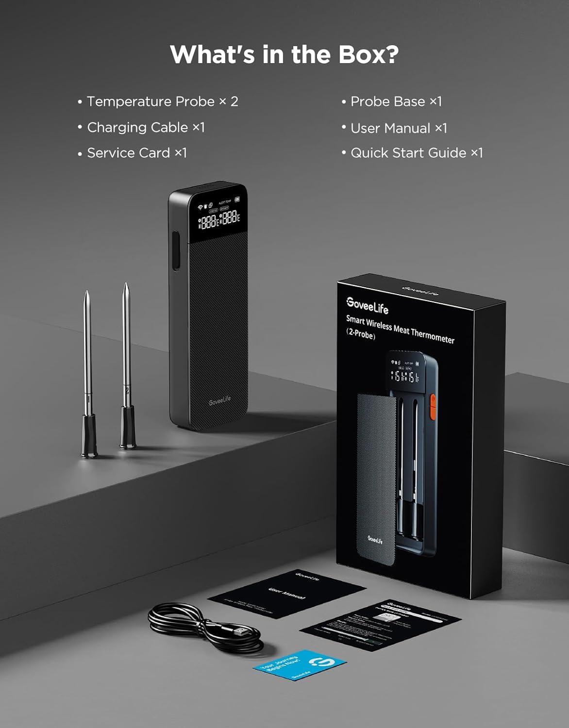 imageGoveeLife Bluetooth Wireless Meat Thermometer with 2 Probes Standalone Digital Base WiFi Unlimited Range 18 Accuracy IP68 Waterproof Real Time Monitoring for Kitchen BBQ Grill Oven Smoker