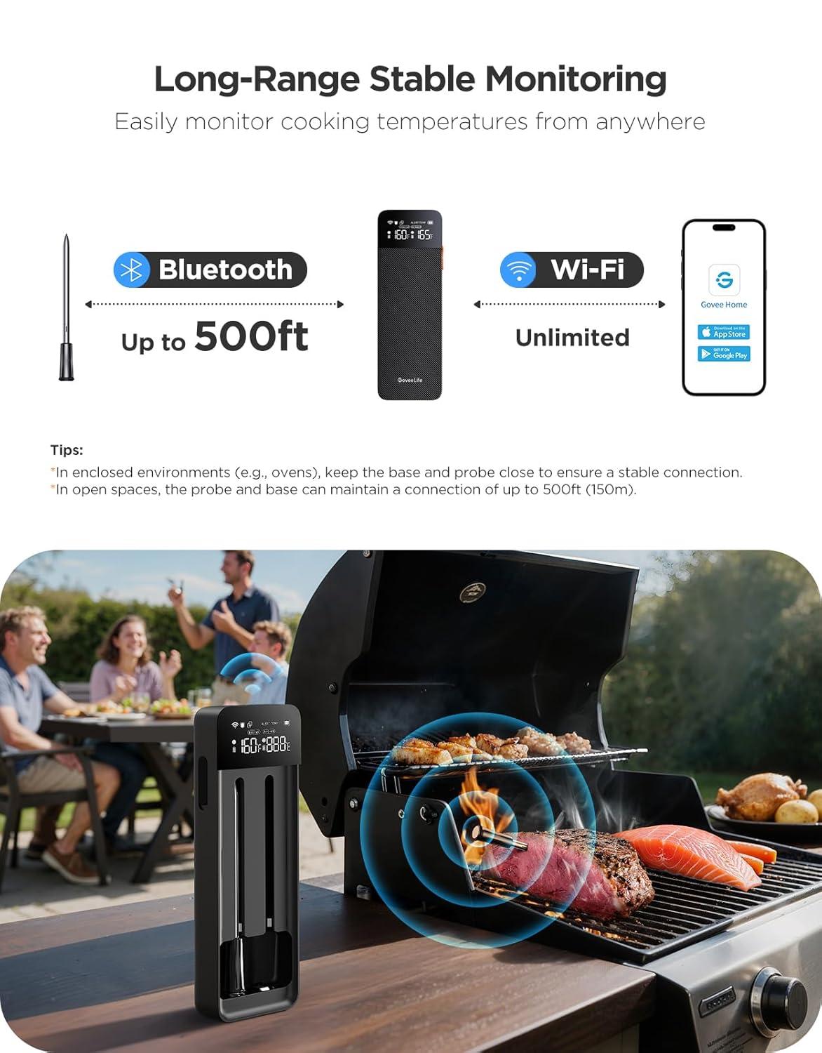 imageGoveeLife Bluetooth Wireless Meat Thermometer with 2 Probes Standalone Digital Base WiFi Unlimited Range 18 Accuracy IP68 Waterproof Real Time Monitoring for Kitchen BBQ Grill Oven Smoker
