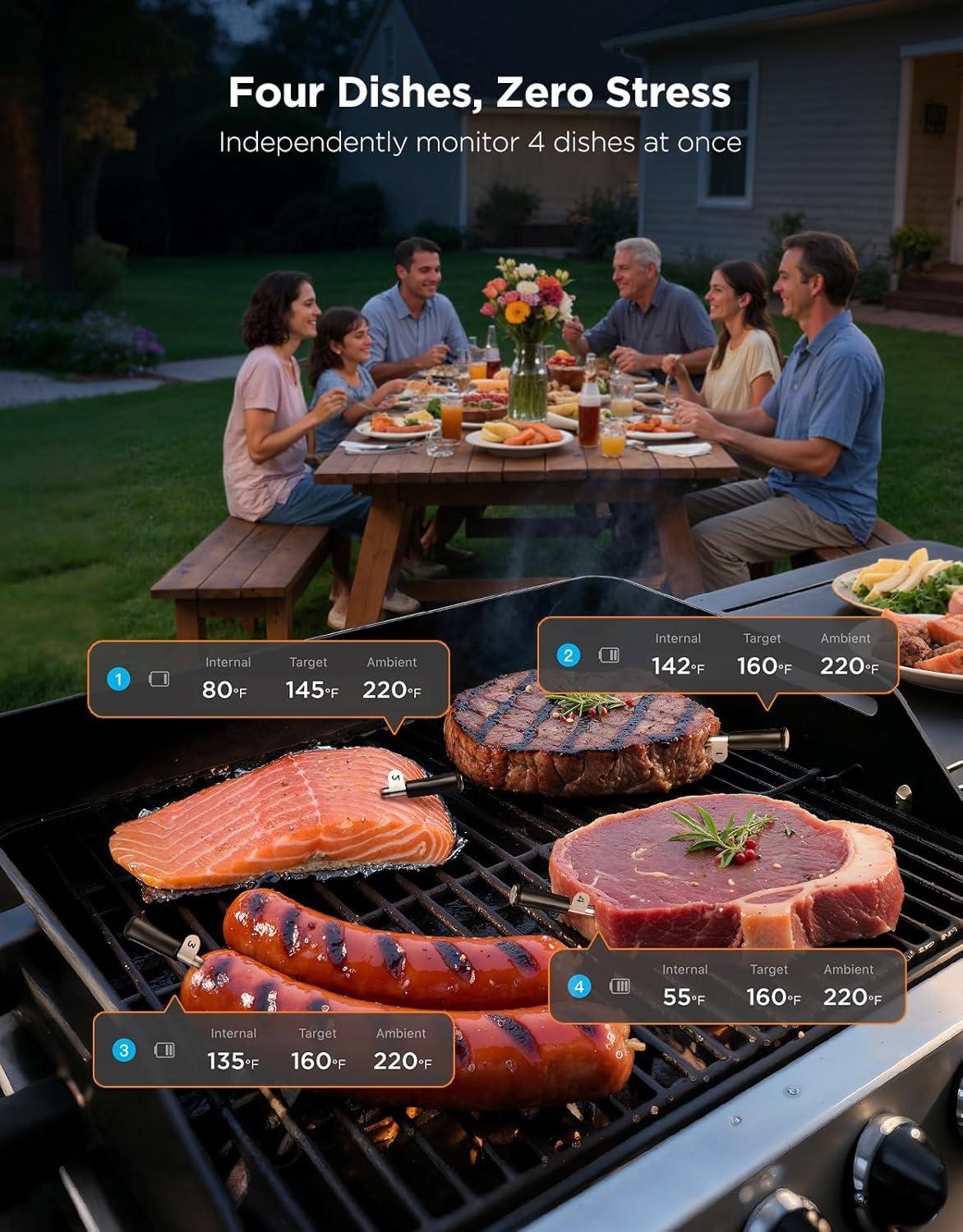 imageGoveeLife Bluetooth Wireless Meat Thermometer with 4 Probes WiFi Unlimited Range 18 Accuracy IP68 Waterproof Real Time Monitoring Digital Food Thermometer for Kitchen BBQ Grill Oven Smoker