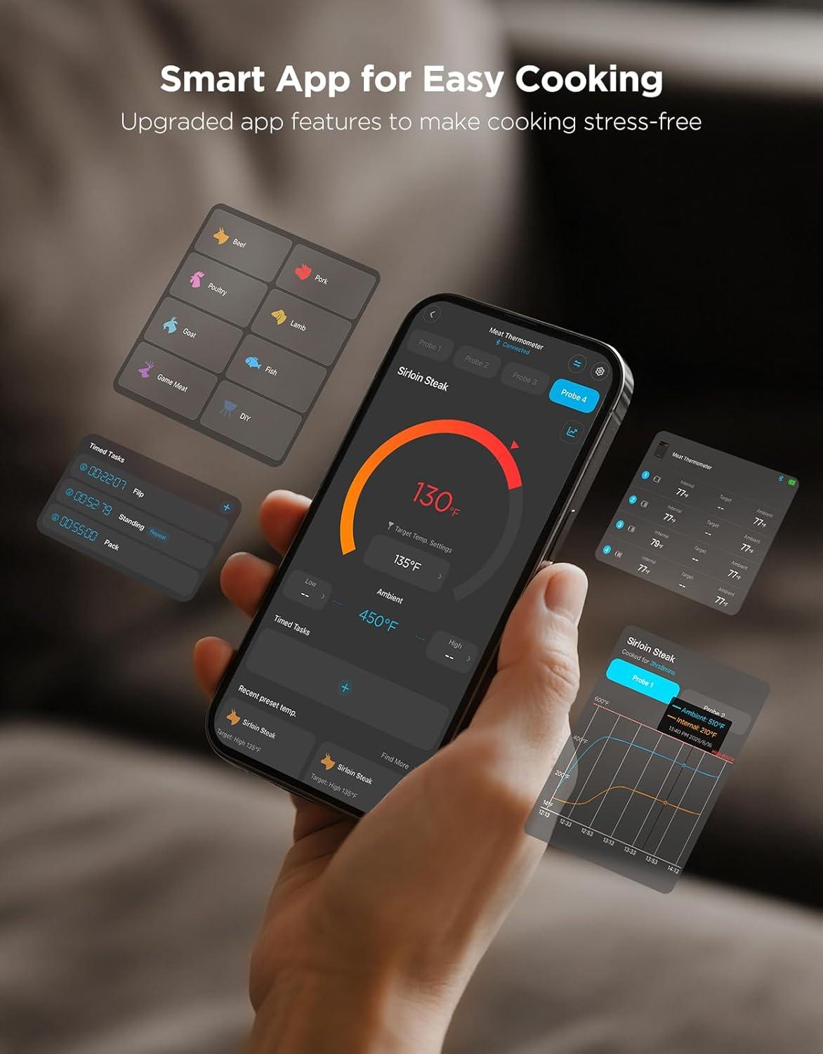 imageGoveeLife Bluetooth Wireless Meat Thermometer with 4 Probes WiFi Unlimited Range 18 Accuracy IP68 Waterproof Real Time Monitoring Digital Food Thermometer for Kitchen BBQ Grill Oven Smoker