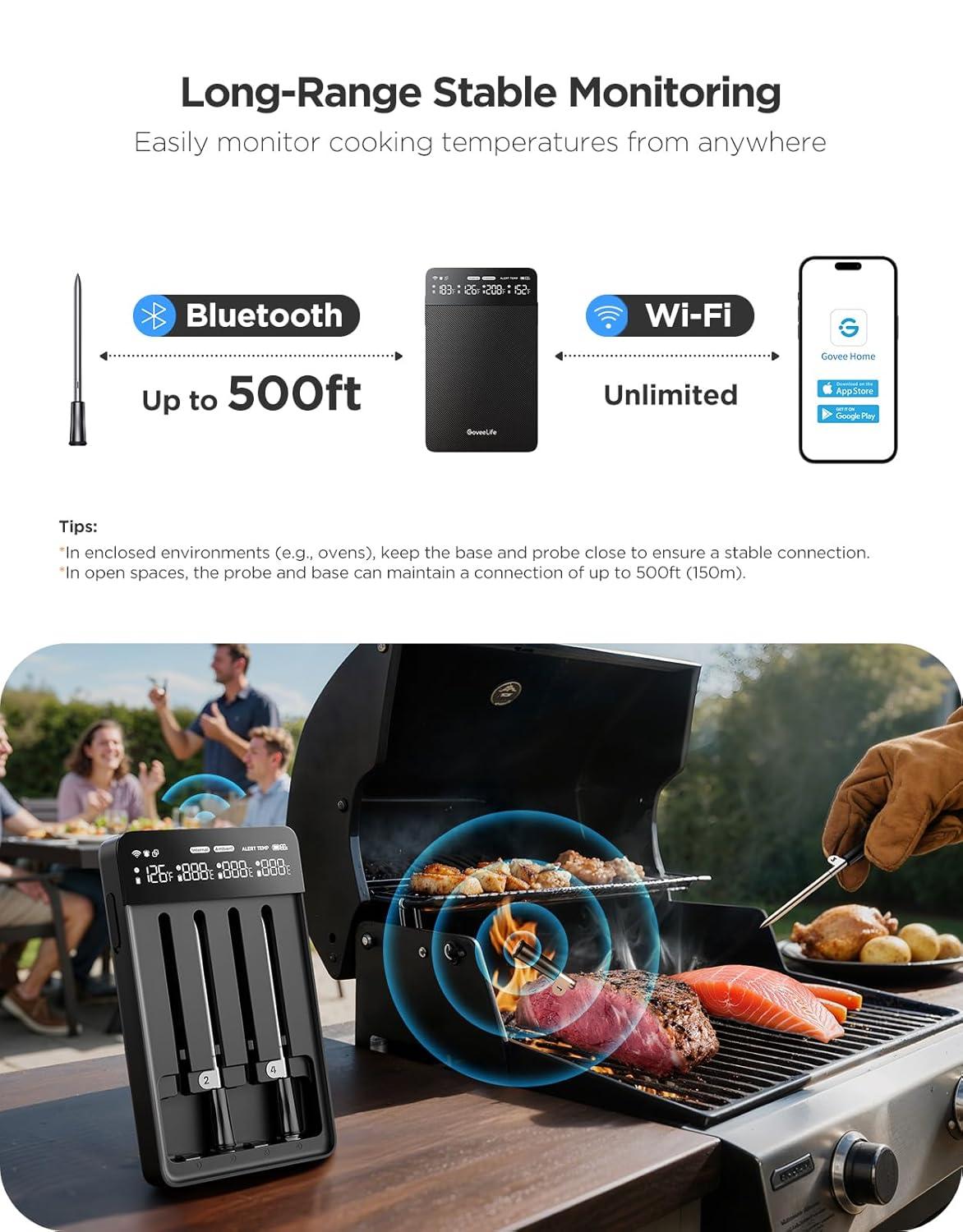imageGoveeLife Bluetooth Wireless Meat Thermometer with 4 Probes WiFi Unlimited Range 18 Accuracy IP68 Waterproof Real Time Monitoring Digital Food Thermometer for Kitchen BBQ Grill Oven Smoker