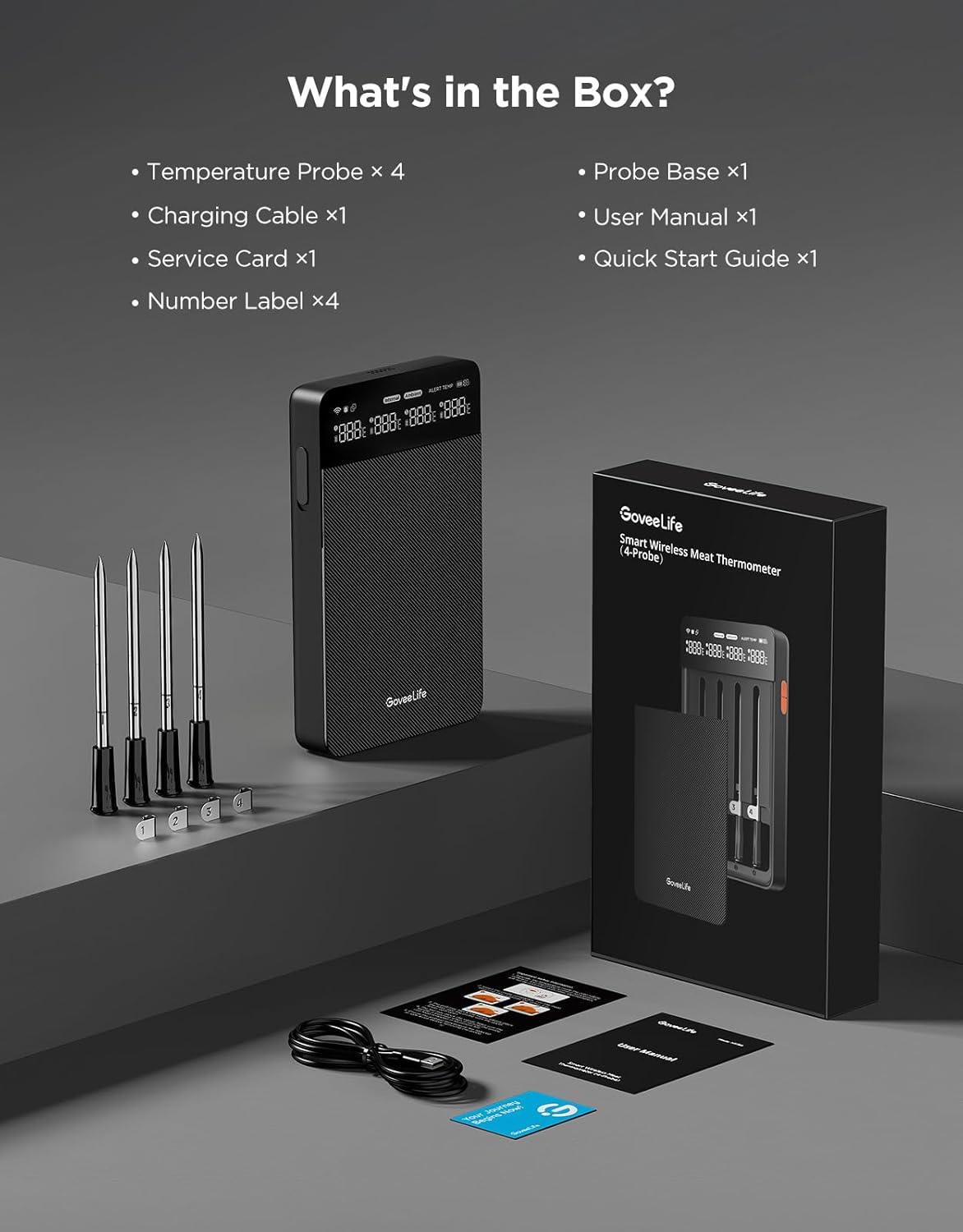 imageGoveeLife Bluetooth Wireless Meat Thermometer with 4 Probes WiFi Unlimited Range 18 Accuracy IP68 Waterproof Real Time Monitoring Digital Food Thermometer for Kitchen BBQ Grill Oven Smoker