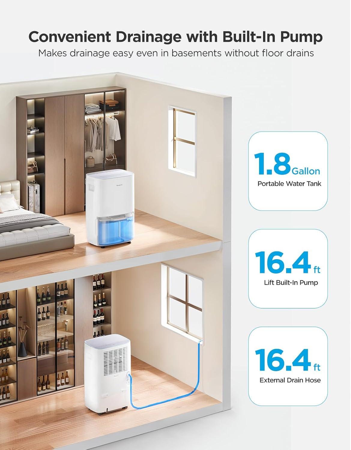 imageGoveeLife Dehumidifier with Pump for Home 4500 Sq Ft 50 to Max 137 Pint Drain Hose Smart Dehumidifier for Basement with Humidity Control Auto Shut OffDefrost 5 Modes Bedroom Bathroom Garagewith Wifi  Pump