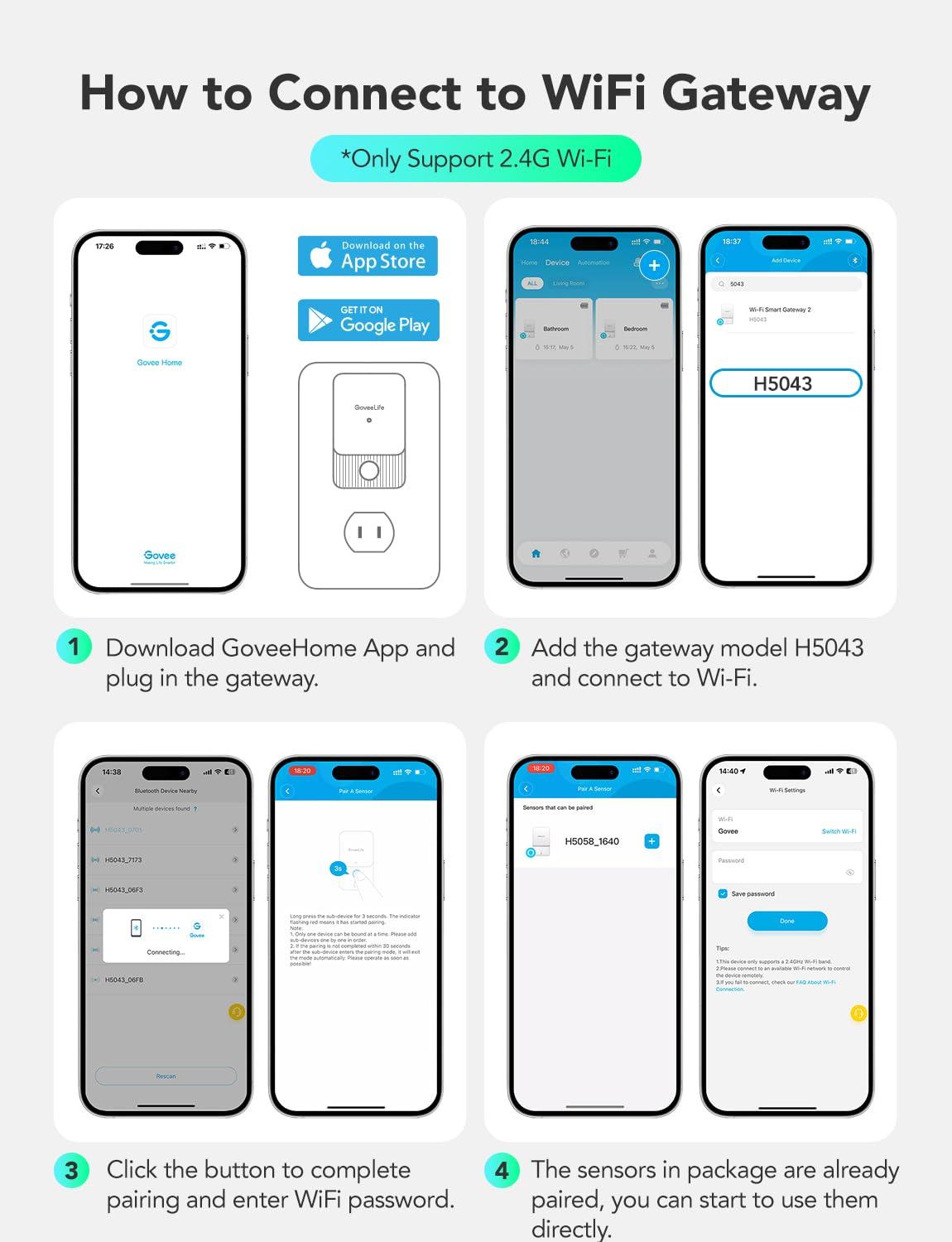 imageGoveeLife Indoor WiFi Thermometer Hygrometer 3Pack Smart Humidity Temperature Sensor with IP 65 Waterproof App Notifications 2Year Free Data Storage Export Temperature Humidity for Home Patio1 Gateway  3 Sensors