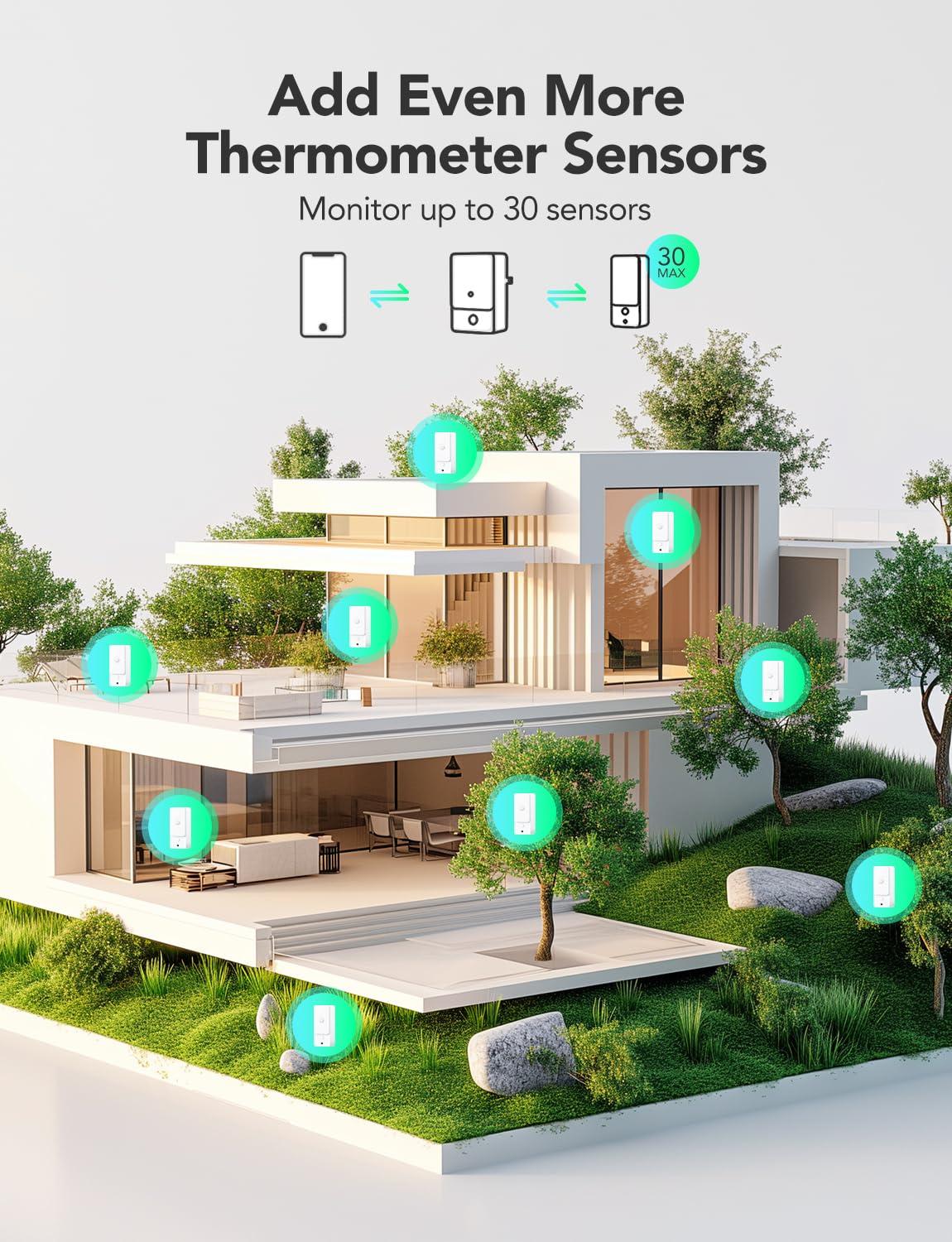 imageGoveeLife Indoor WiFi Thermometer Hygrometer 3Pack Smart Humidity Temperature Sensor with IP 65 Waterproof App Notifications 2Year Free Data Storage Export Temperature Humidity for Home Patio1 Gateway  3 Sensors