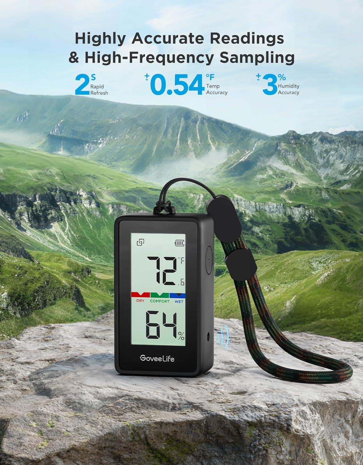 imageGoveeLife Portable Outdoor Hygrometer Thermometer with IP65 Waterproof Standalone Digital Display 197ft Buletooth Range Notification Alerts 2 Years Data Storage Export for Camping Hiking Patio