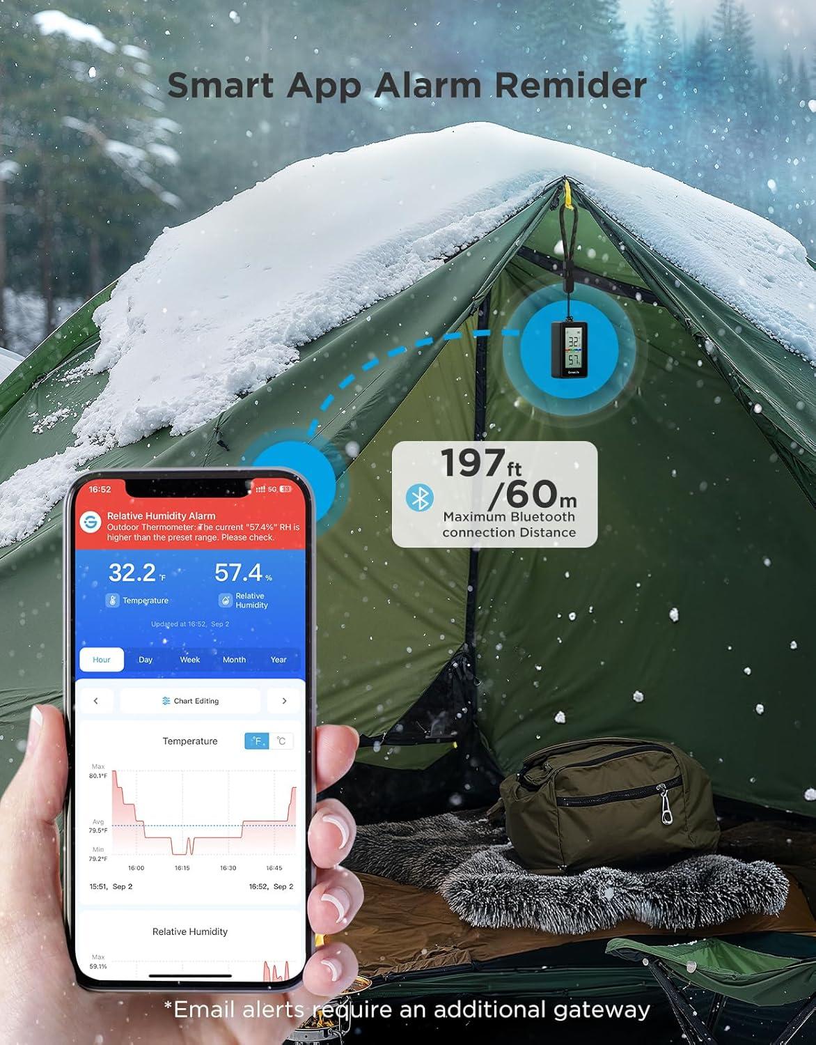 imageGoveeLife Portable Outdoor Hygrometer Thermometer with IP65 Waterproof Standalone Digital Display 197ft Buletooth Range Notification Alerts 2 Years Data Storage Export for Camping Hiking Patio