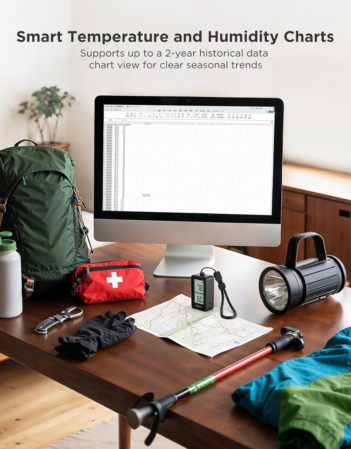 imageGoveeLife Portable Outdoor Hygrometer Thermometer with IP65 Waterproof Standalone Digital Display 197ft Buletooth Range Notification Alerts 2 Years Data Storage Export for Camping Hiking Patio