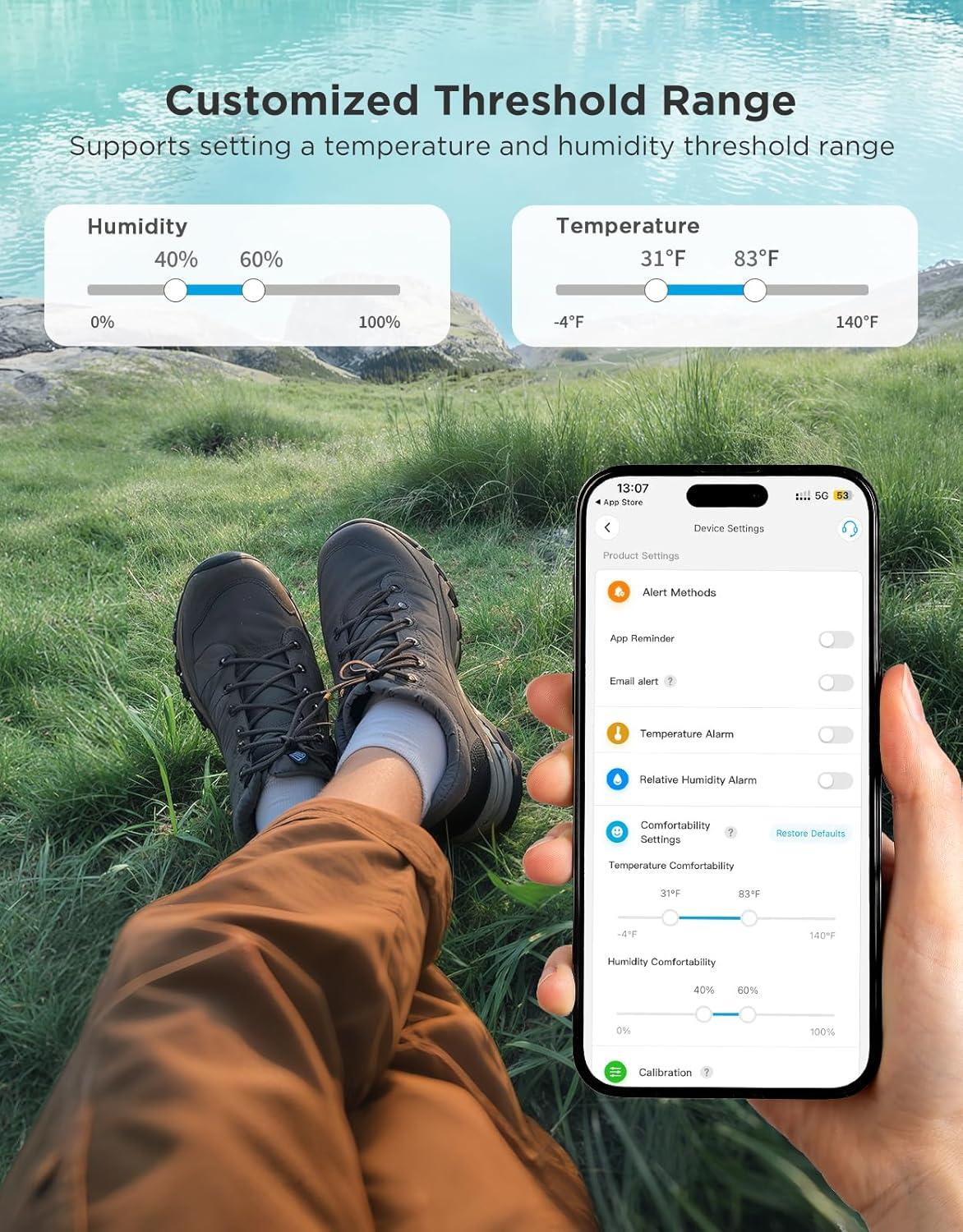 imageGoveeLife Portable Outdoor Hygrometer Thermometer with IP65 Waterproof Standalone Digital Display 197ft Buletooth Range Notification Alerts 2 Years Data Storage Export for Camping Hiking Patio