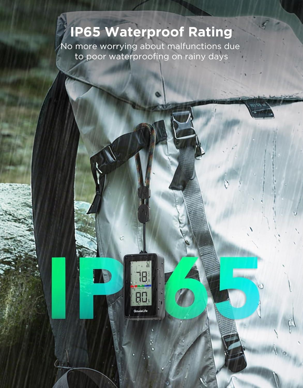 imageGoveeLife Portable Outdoor Hygrometer Thermometer with IP65 Waterproof Standalone Digital Display 197ft Buletooth Range Notification Alerts 2 Years Data Storage Export for Camping Hiking Patio