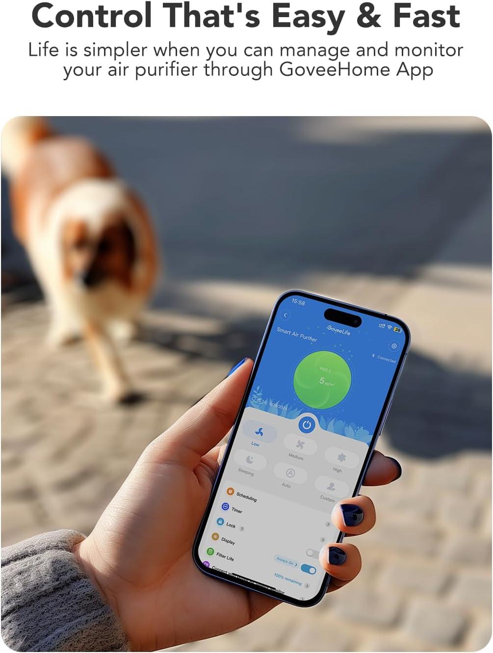 imageGoveeLife Smart Air Purifier for Home Large Room Up to 1524 sqftwith Washable Filter Integrated PM 25 Air Quality SensorWiFi Air Purifier for Smoke Wildfire Pet Hair24dB WhiteBlack