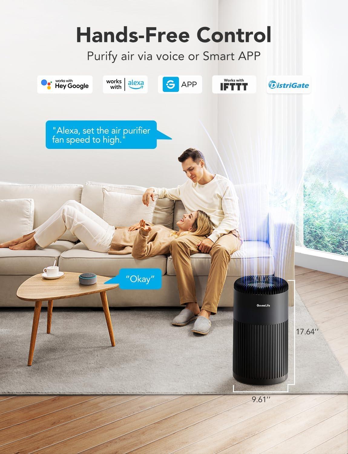 imageGoveeLife Smart Air Purifier for Home Large Room Up to 1524 sqftwith Washable Filter Integrated PM 25 Air Quality SensorWiFi Air Purifier for Smoke Wildfire Pet Hair24dB WhiteBlack