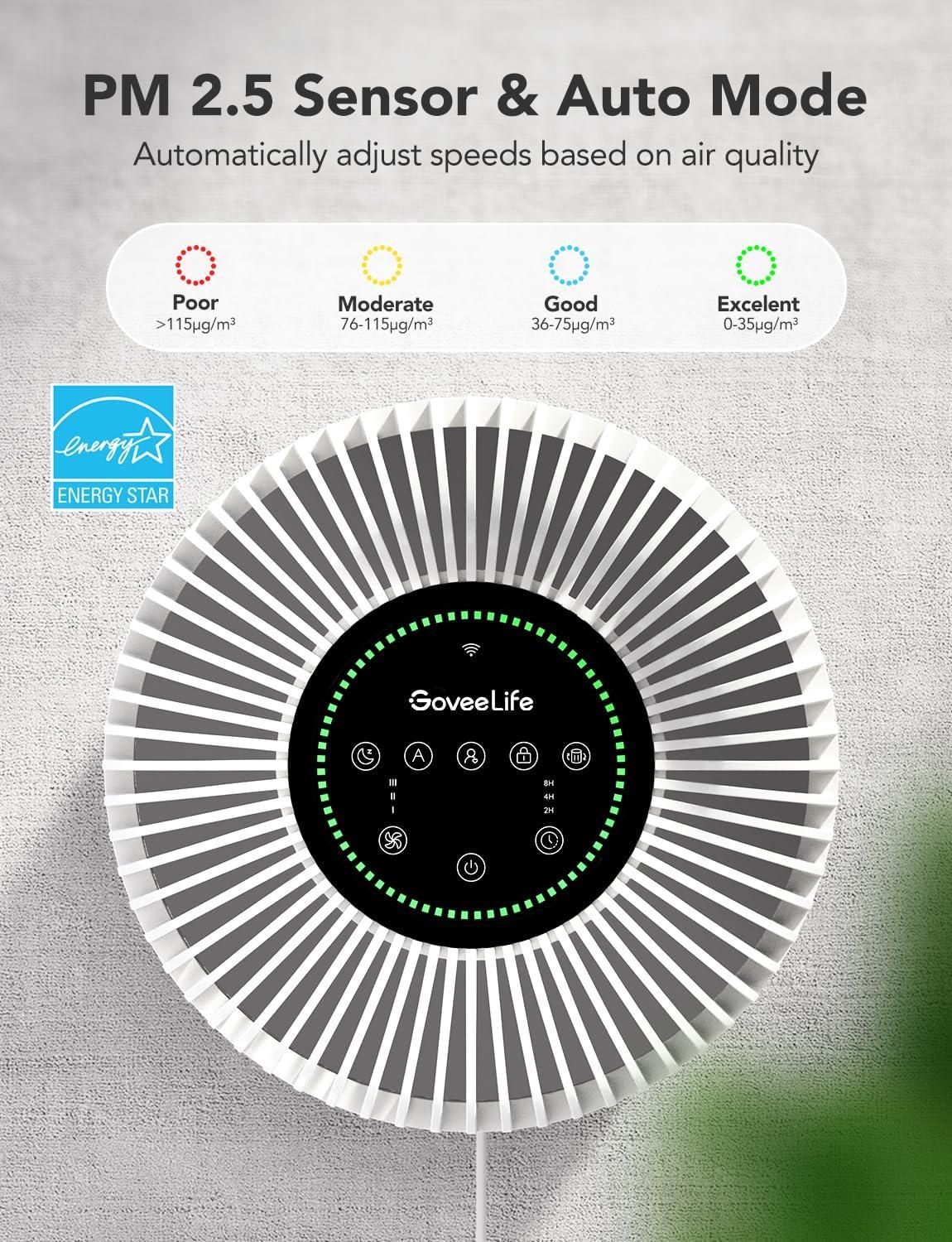 imageGoveeLife Smart Air Purifier for Home Large Room Up to 1524 sqftwith Washable Filter Integrated PM 25 Air Quality SensorWiFi Air Purifier for Smoke Wildfire Pet Hair24dB WhiteWhite