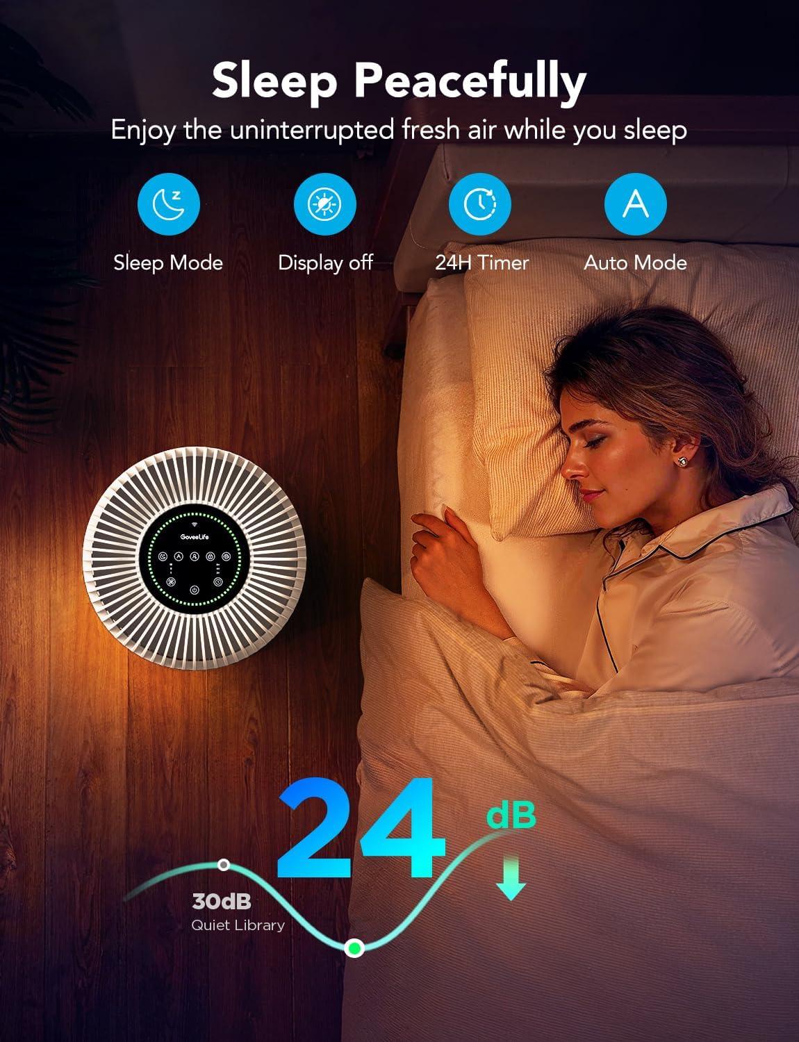 imageGoveeLife Smart Air Purifier for Home Large Room Up to 1524 sqftwith Washable Filter Integrated PM 25 Air Quality SensorWiFi Air Purifier for Smoke Wildfire Pet Hair24dB WhiteWhite