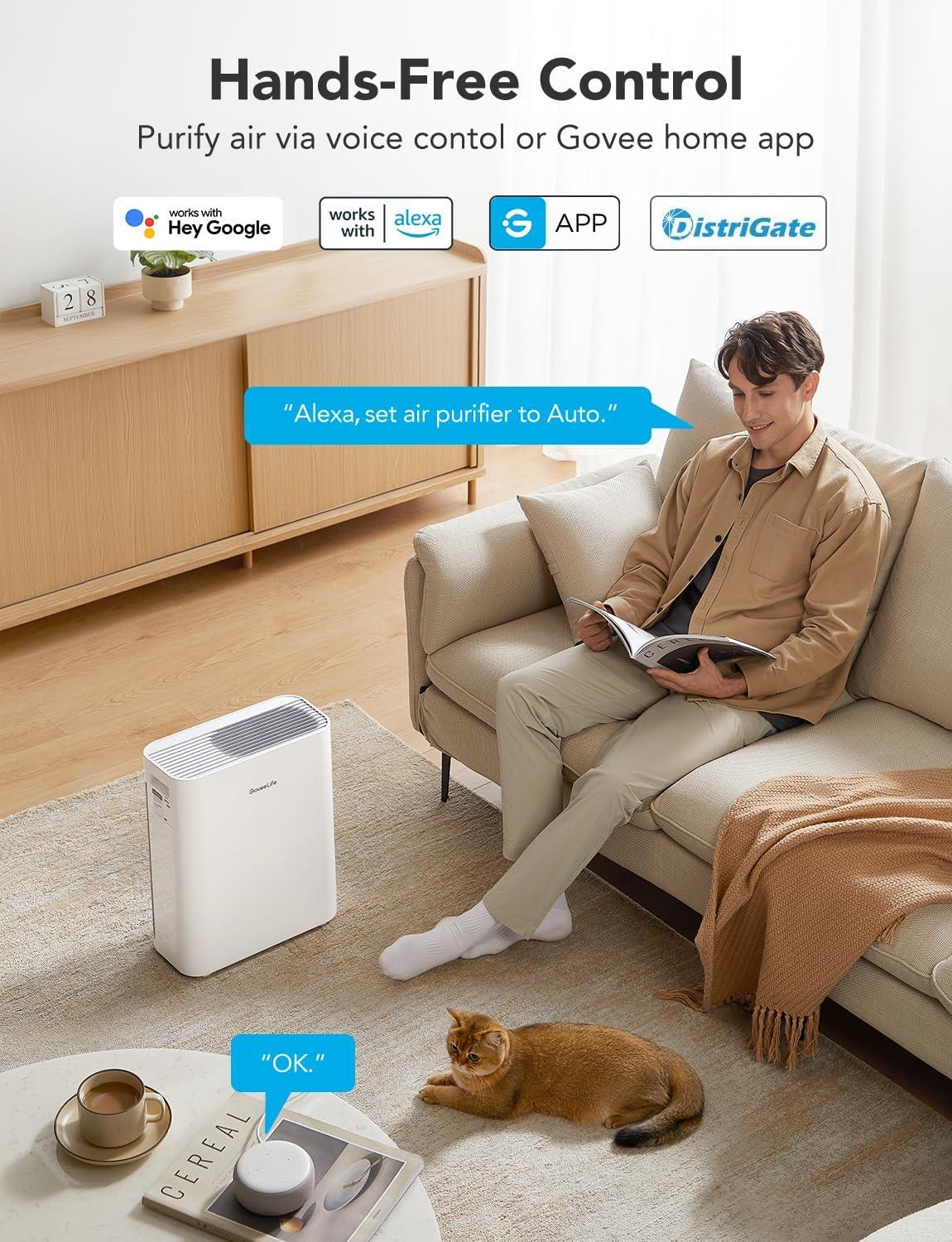 imageGoveeLife Smart Air Purifiers for Home Large Room Air Purifiers for Pets with PM25 Sensor Washable PreFilter for Pet Hair Lint 24dB Large Air Purifier with App Control