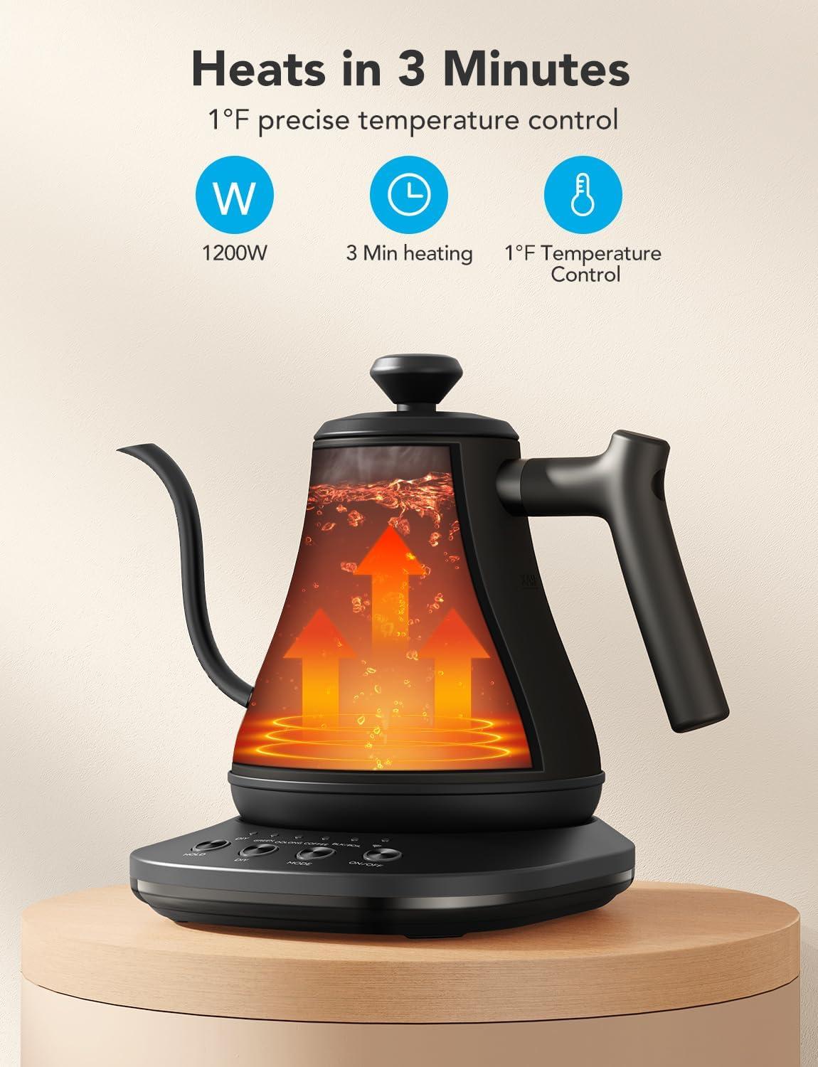 imageGoveeLife Smart Electric Kettle 08L WiFi Gooseneck Kettle Compatible with Alexa 5 Modes for Use 3minute Fast Heating and 2H Keep Warm AutoShut off for Safety Stainless Steel Matte BlackMatte Black