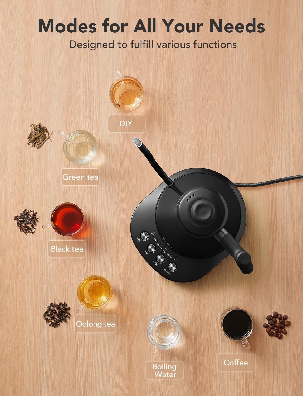 imageGoveeLife Smart Electric Kettle 08L WiFi Gooseneck Kettle Compatible with Alexa 5 Modes for Use 3minute Fast Heating and 2H Keep Warm AutoShut off for Safety Stainless Steel Matte BlackMatte Black