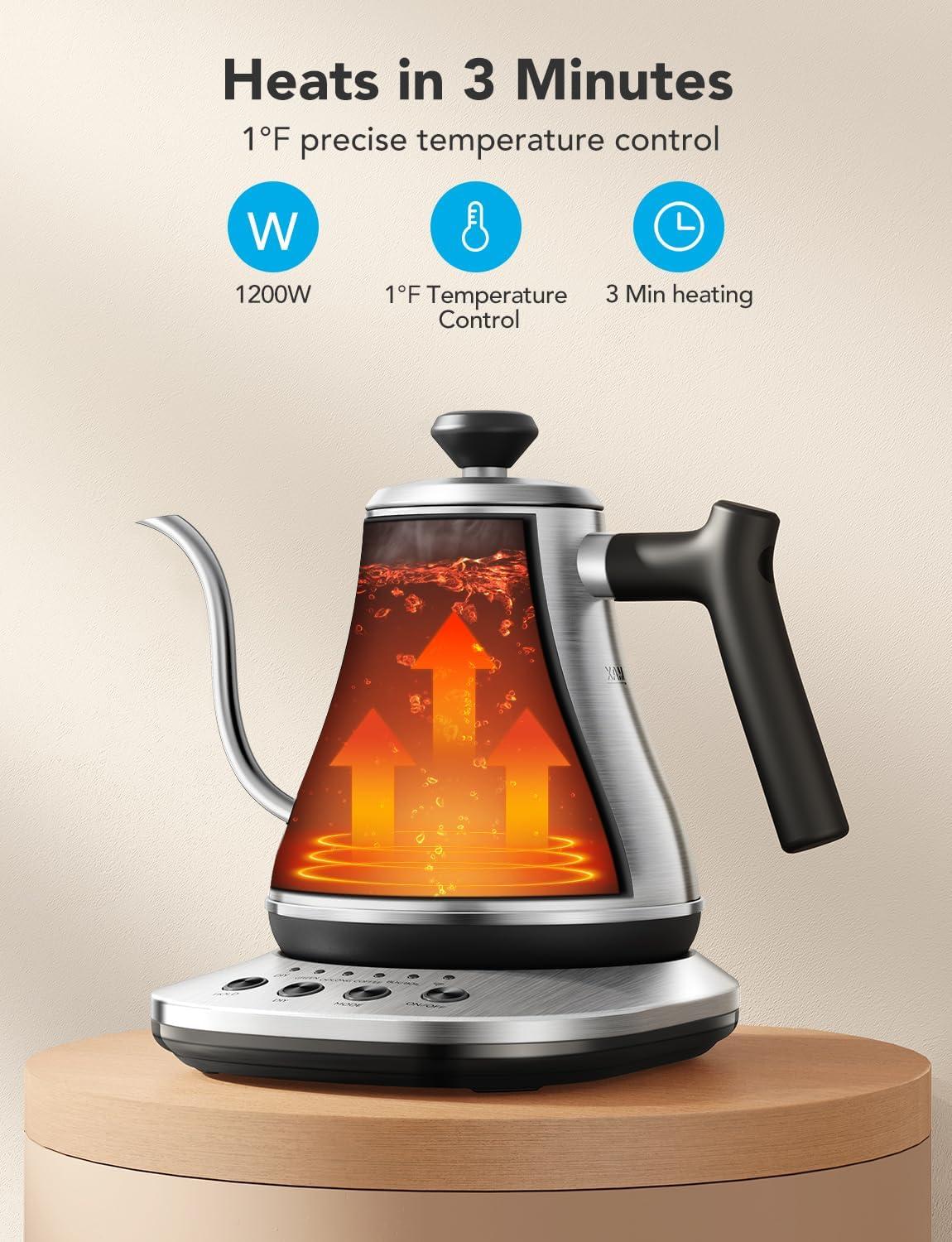 imageGoveeLife Smart Electric Kettle 08L WiFi Gooseneck Kettle Compatible with Alexa 5 Modes for Use 3minute Fast Heating and 2H Keep Warm AutoShut off for Safety Stainless Steel Matte BlackSilver