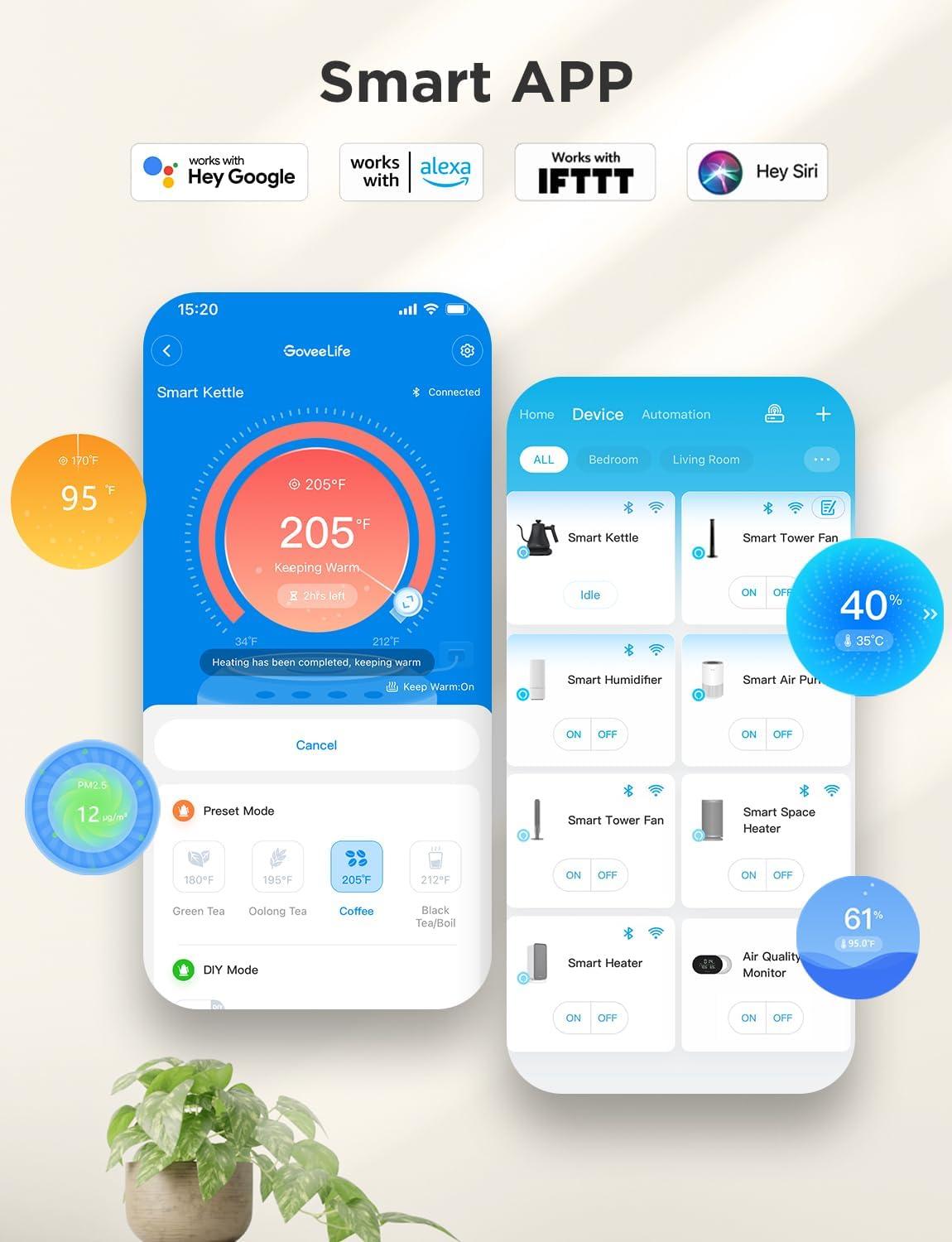 imageGoveeLife Smart Electric Kettle 08L WiFi Gooseneck Kettle Compatible with Alexa 5 Modes for Use 3minute Fast Heating and 2H Keep Warm AutoShut off for Safety Stainless Steel Matte BlackSilver