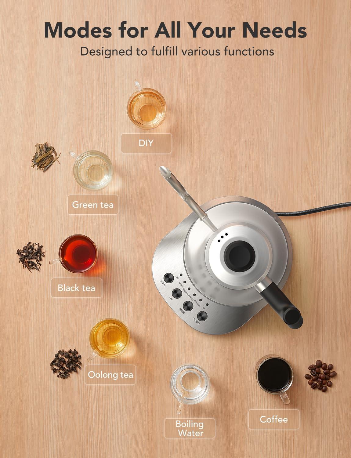 imageGoveeLife Smart Electric Kettle 08L WiFi Gooseneck Kettle Compatible with Alexa 5 Modes for Use 3minute Fast Heating and 2H Keep Warm AutoShut off for Safety Stainless Steel Matte BlackSilver