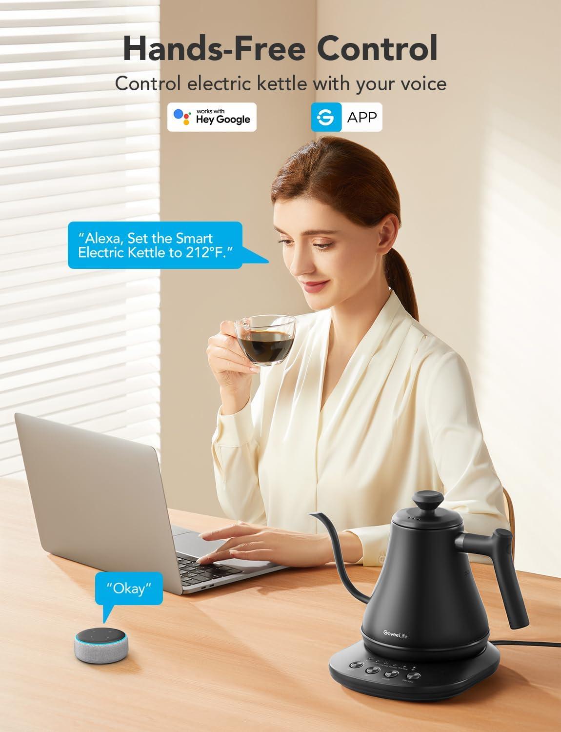 imageGoveeLife Smart Electric Kettle 08L WiFi Gooseneck Kettle Compatible with Alexa 5 Modes for Use 3minute Fast Heating and 2H Keep Warm AutoShut off for Safety Stainless Steel Matte BlackMatte Black