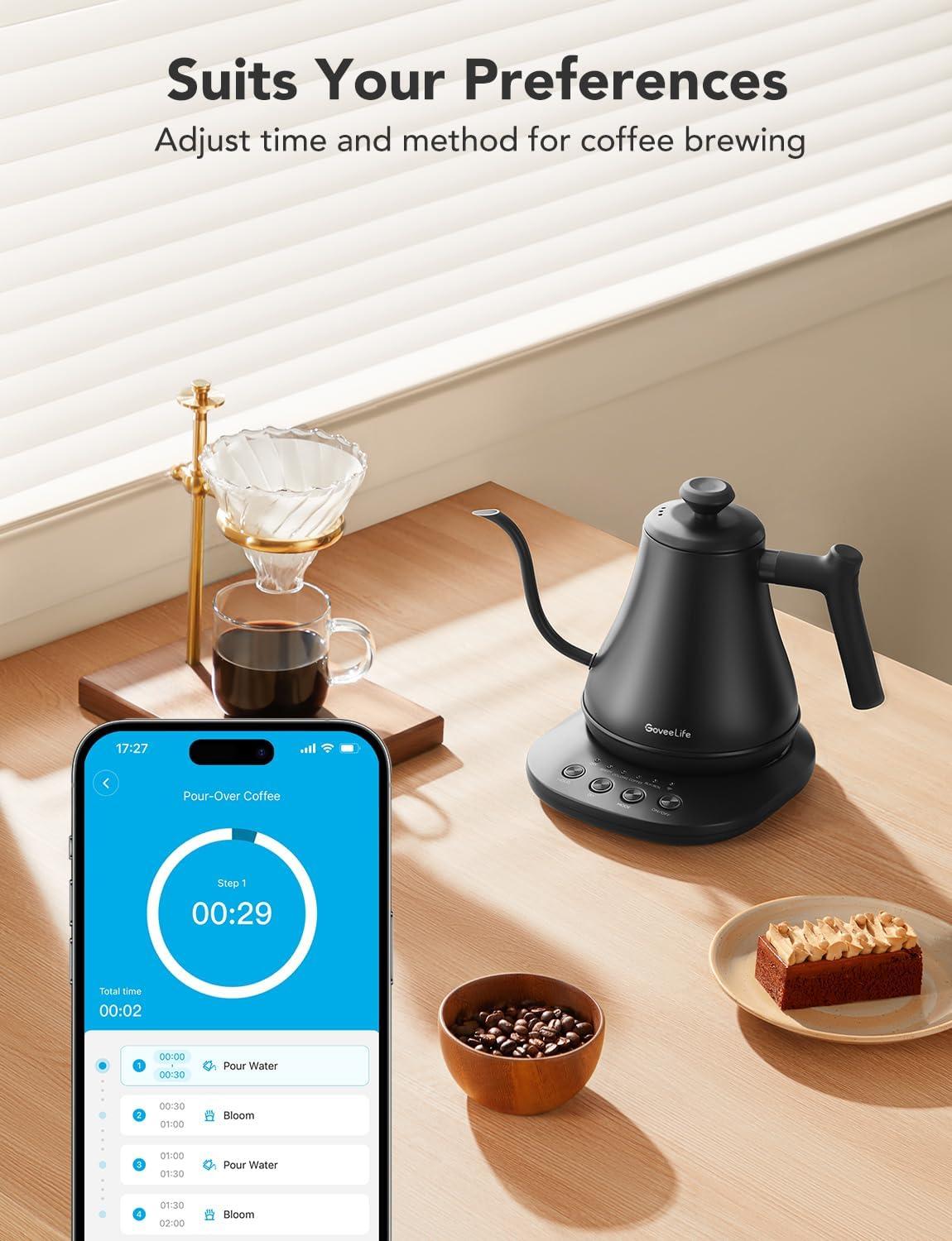 imageGoveeLife Smart Electric Kettle 08L WiFi Gooseneck Kettle Compatible with Alexa 5 Modes for Use 3minute Fast Heating and 2H Keep Warm AutoShut off for Safety Stainless Steel Matte BlackMatte Black