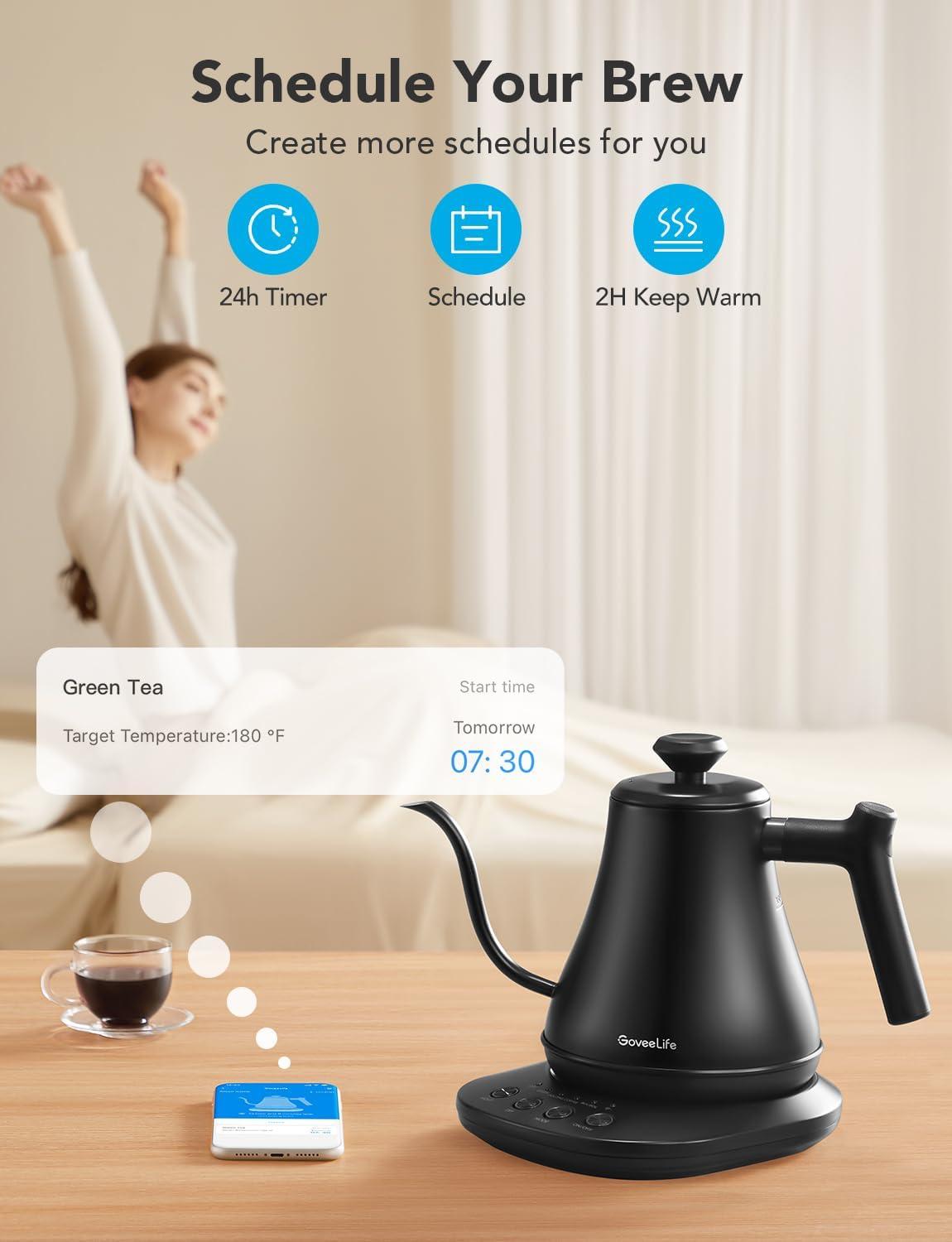 imageGoveeLife Smart Electric Kettle 08L WiFi Gooseneck Kettle Compatible with Alexa 5 Modes for Use 3minute Fast Heating and 2H Keep Warm AutoShut off for Safety Stainless Steel Matte BlackMatte Black