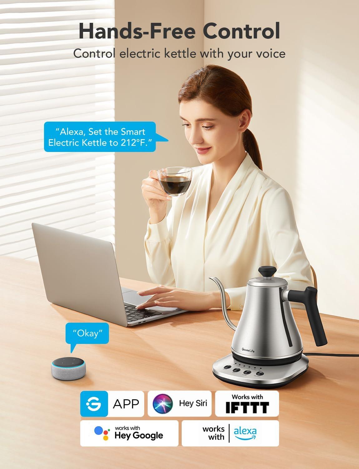 imageGoveeLife Smart Electric Kettle 08L WiFi Gooseneck Kettle Compatible with Alexa 5 Modes for Use 3minute Fast Heating and 2H Keep Warm AutoShut off for Safety Stainless Steel Matte BlackSilver