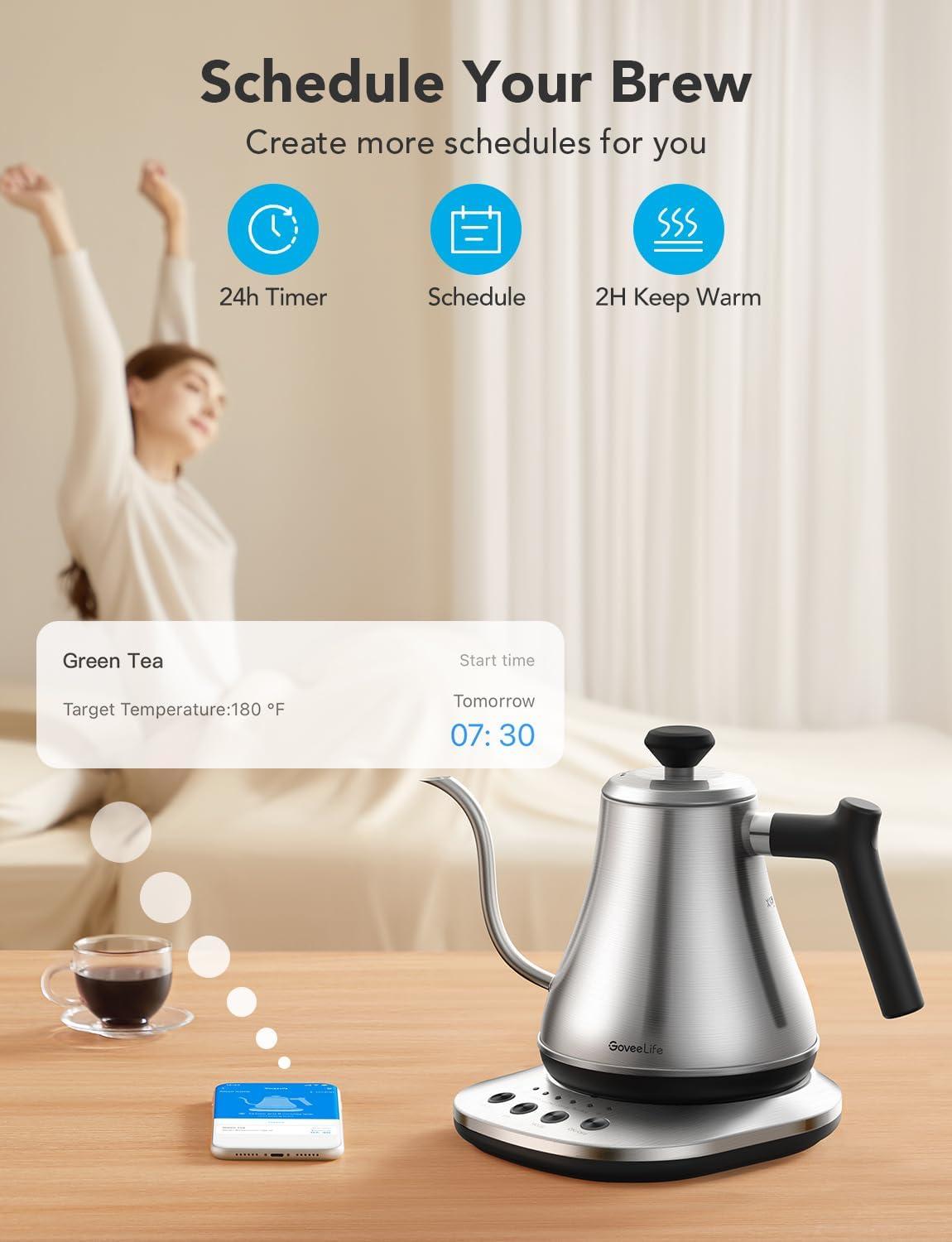 imageGoveeLife Smart Electric Kettle 08L WiFi Gooseneck Kettle Compatible with Alexa 5 Modes for Use 3minute Fast Heating and 2H Keep Warm AutoShut off for Safety Stainless Steel Matte BlackSilver