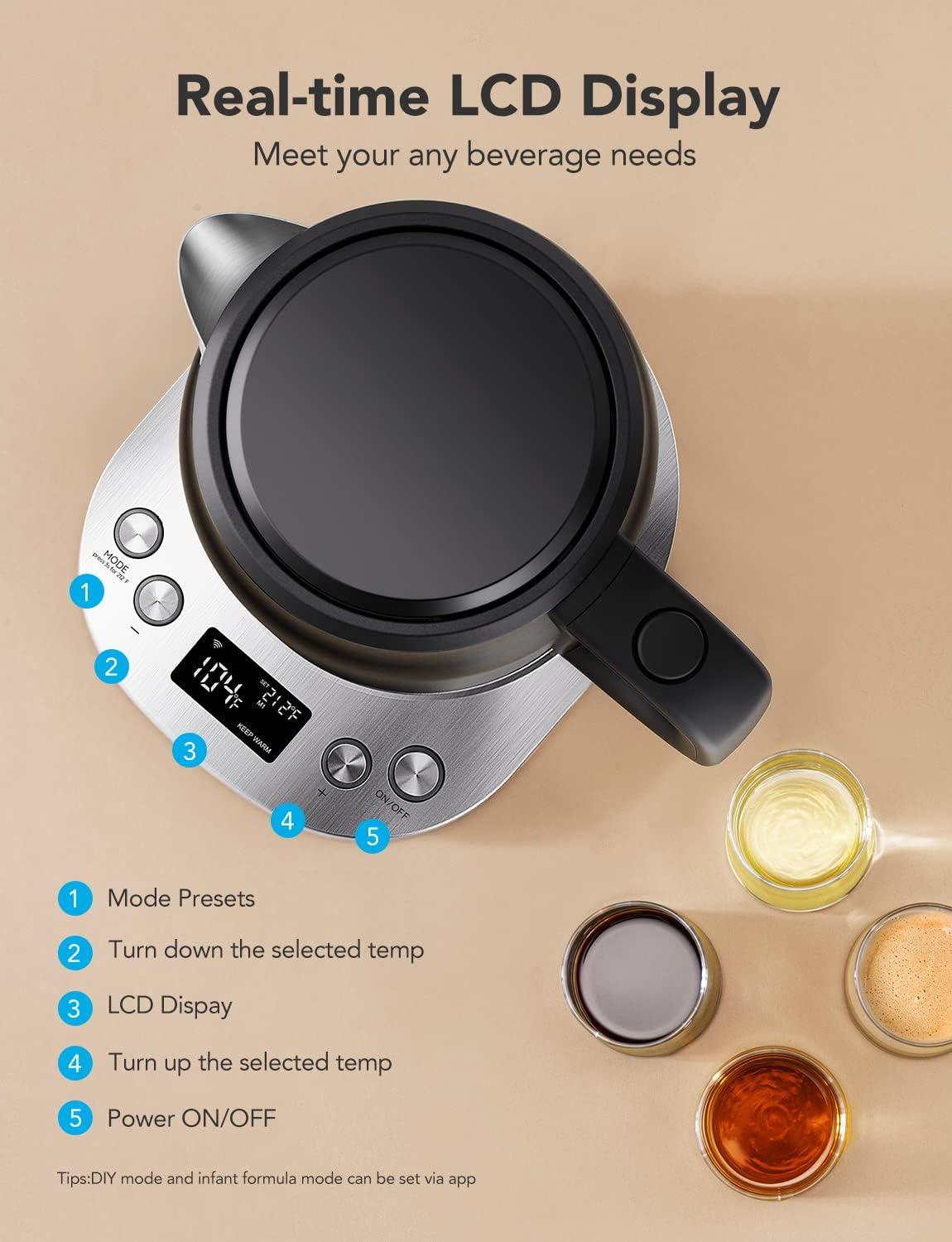 imageGoveeLife Smart Electric Kettle Temperature Control WiFi Electric Tea Kettle with Alexa Control 1500W Rapid Boil 2H Keep Warm 17L BPA Free Stainless Steel Water Boiler for Tea Coffee Oatmeal