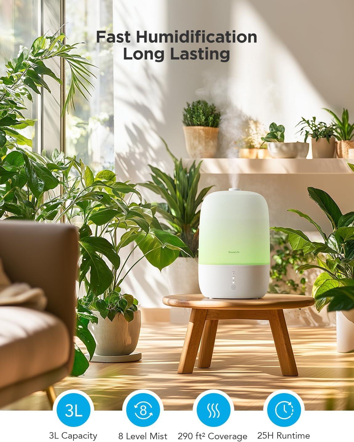 imageGoveeLife Smart Humidifiers for Bedroom 3L Top Fill Cool Mist Humidifiers with Essential Oil Diffuser Humidity Control WiFi Air Humidifier with Night Light for Baby Plants Home Work with Alexa