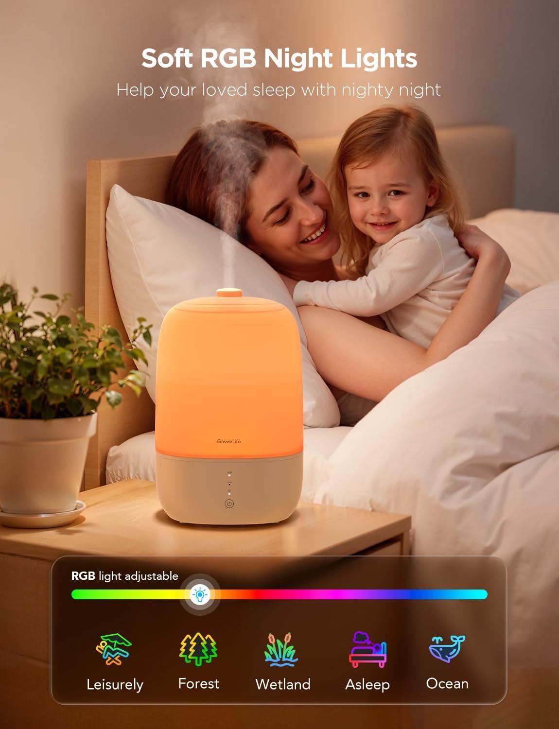 imageGoveeLife Smart Humidifiers for Bedroom 3L Top Fill Cool Mist Humidifiers with Essential Oil Diffuser Humidity Control WiFi Air Humidifier with Night Light for Baby Plants Home Work with Alexa