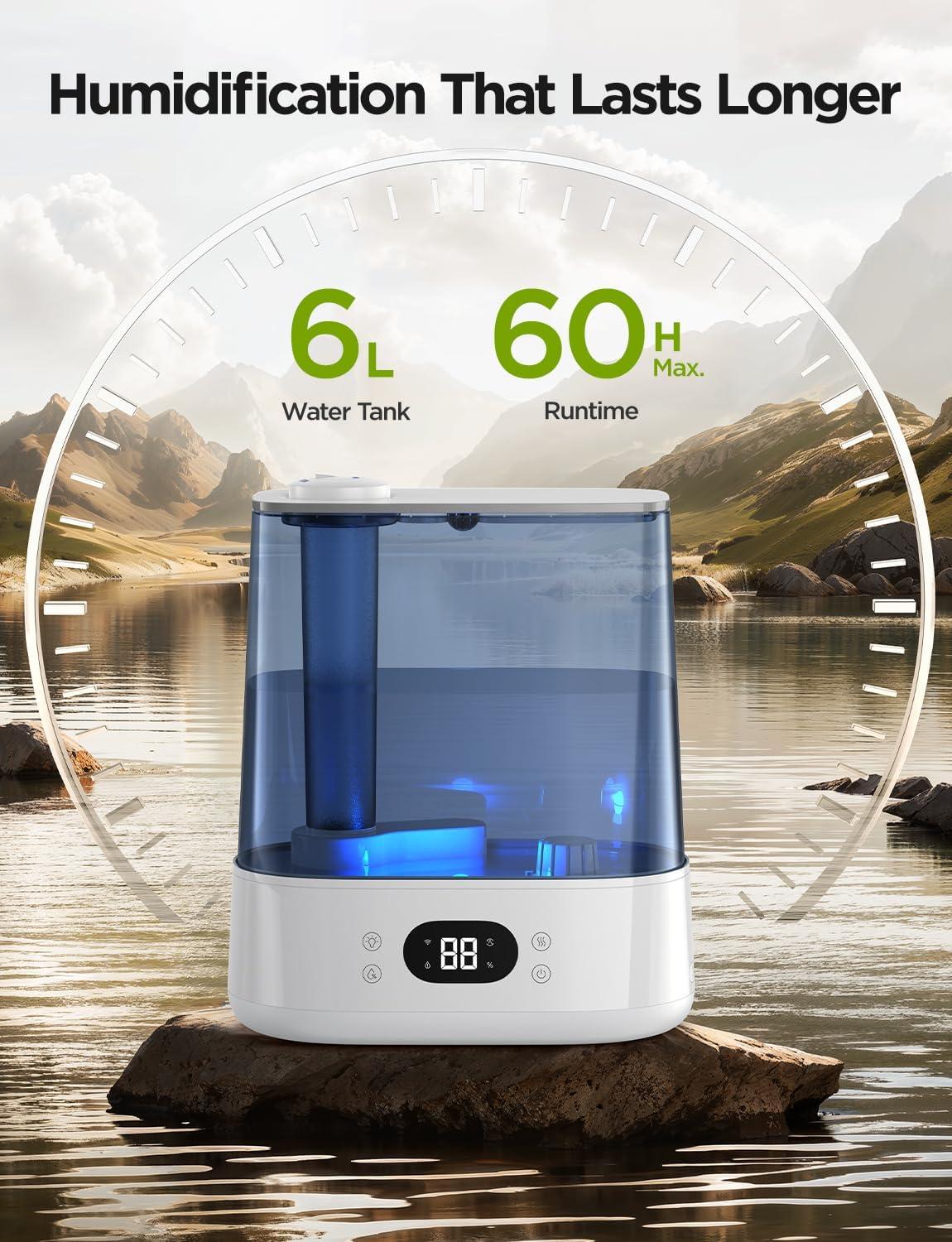 imageGoveeLife Smart Humidifiers for Bedroom 6L Cool Mist Top Fill for Large Room Humidity Sensor Auto Mode Schedule 60H Quiet Runtime WiFi Humidifier Essence Diffuser for Baby Plant Work with AlexaWhite