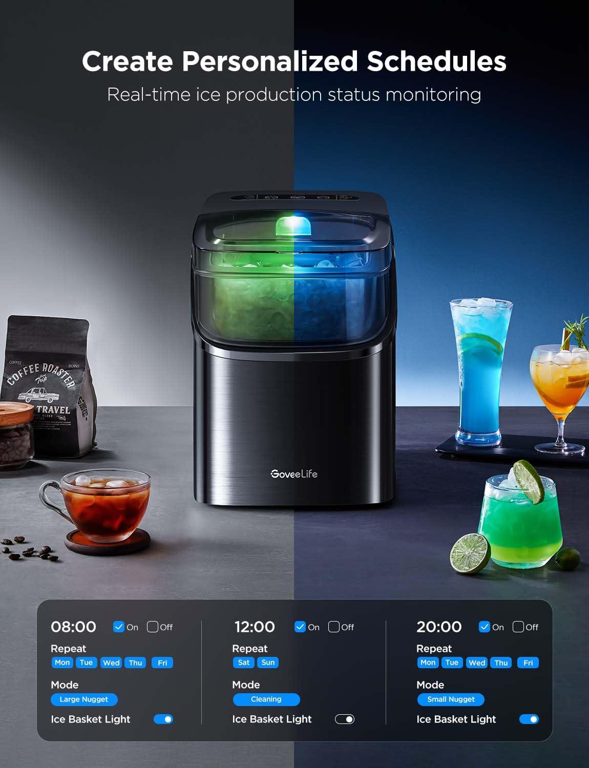 imageGoveeLife Smart Ice Maker Countertop Portable Ice Machine with Voice Control 9 Ice Cubes in 6 Minutes 3 Sizes 26lbs24Hrs Self Cleaning RGB Lights Quiet Ice Maker with Scoop for Kitchen SilverBlack