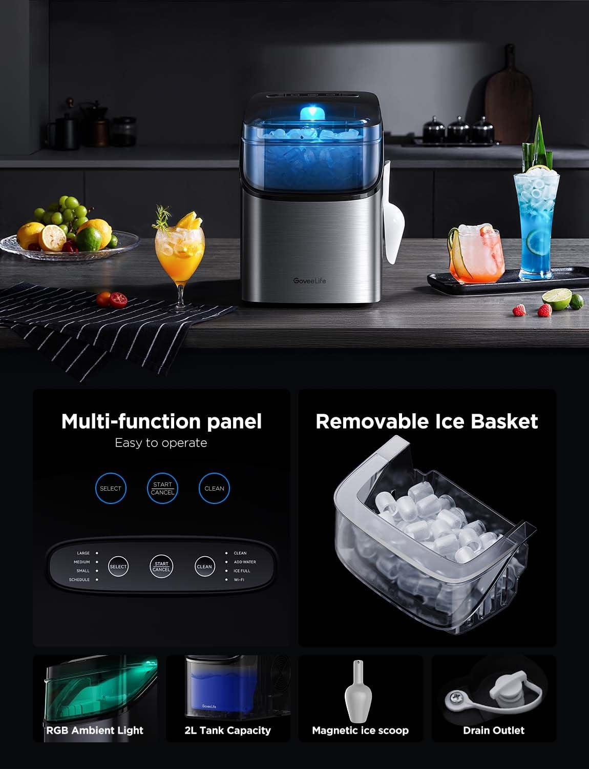 imageGoveeLife Smart Ice Maker Countertop Portable Ice Machine with Voice Control 9 Ice Cubes in 6 Minutes 3 Sizes 26lbs24Hrs Self Cleaning RGB Lights Quiet Ice Maker with Scoop for Kitchen SilverSilver