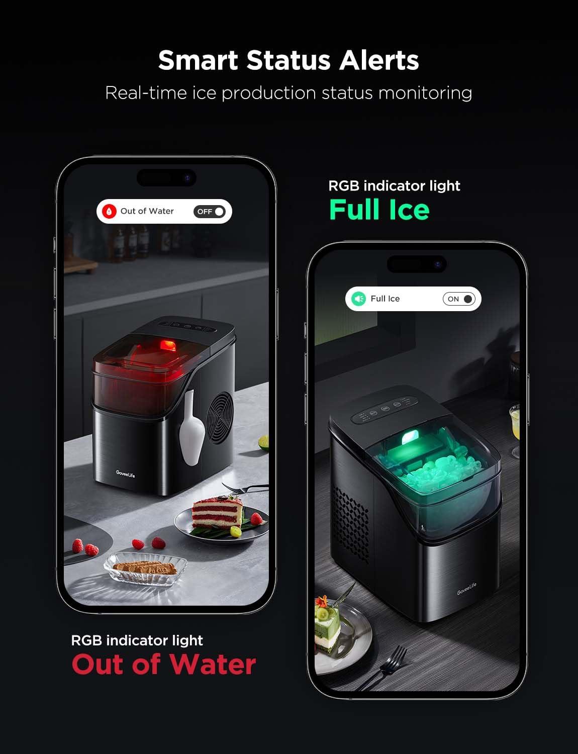 imageGoveeLife Smart Ice Maker Countertop Portable Ice Machine with Voice Control 9 Ice Cubes in 6 Minutes 3 Sizes 26lbs24Hrs Self Cleaning RGB Lights Quiet Ice Maker with Scoop for Kitchen SilverBlack