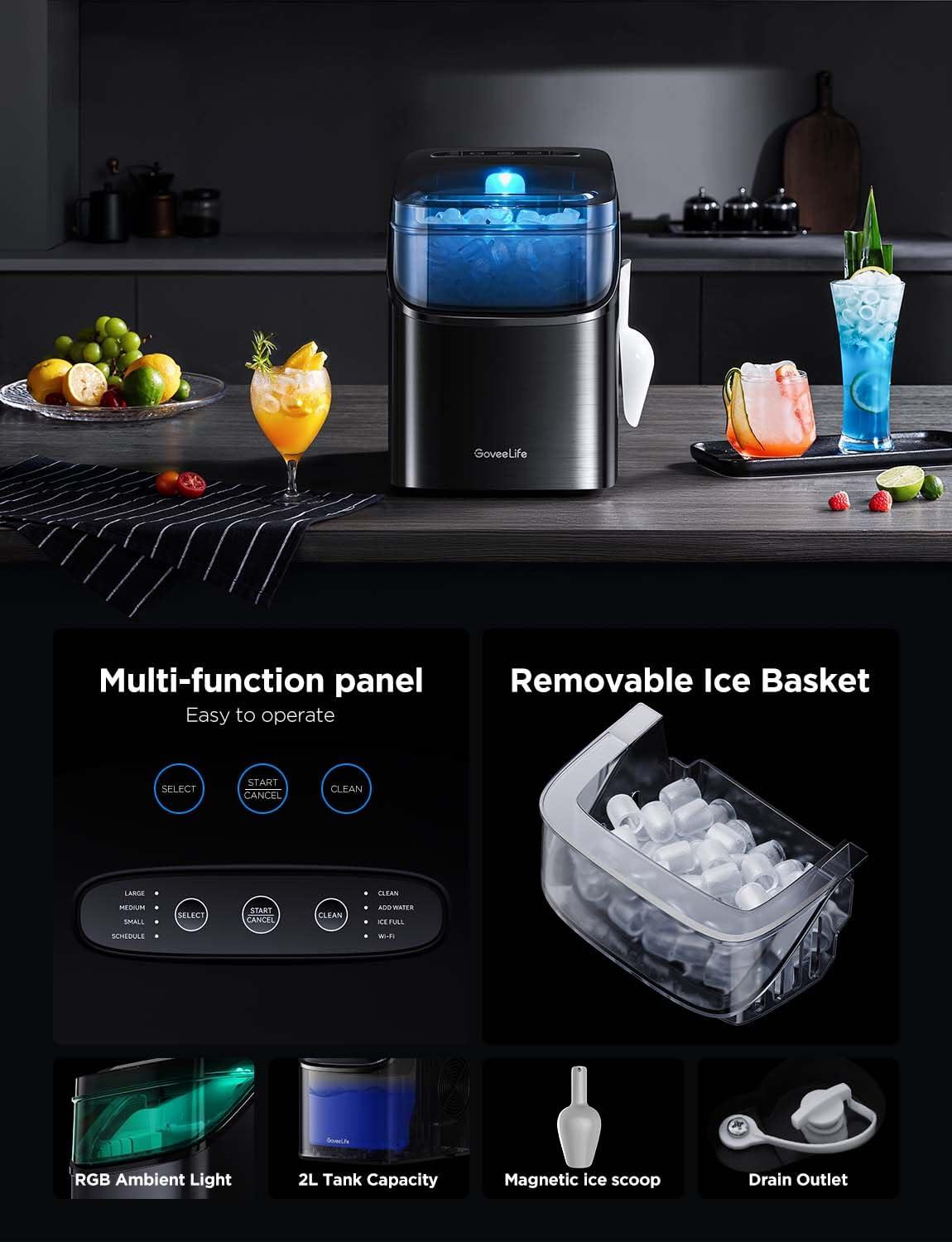 imageGoveeLife Smart Ice Maker Countertop Portable Ice Machine with Voice Control 9 Ice Cubes in 6 Minutes 3 Sizes 26lbs24Hrs Self Cleaning RGB Lights Quiet Ice Maker with Scoop for Kitchen SilverBlack