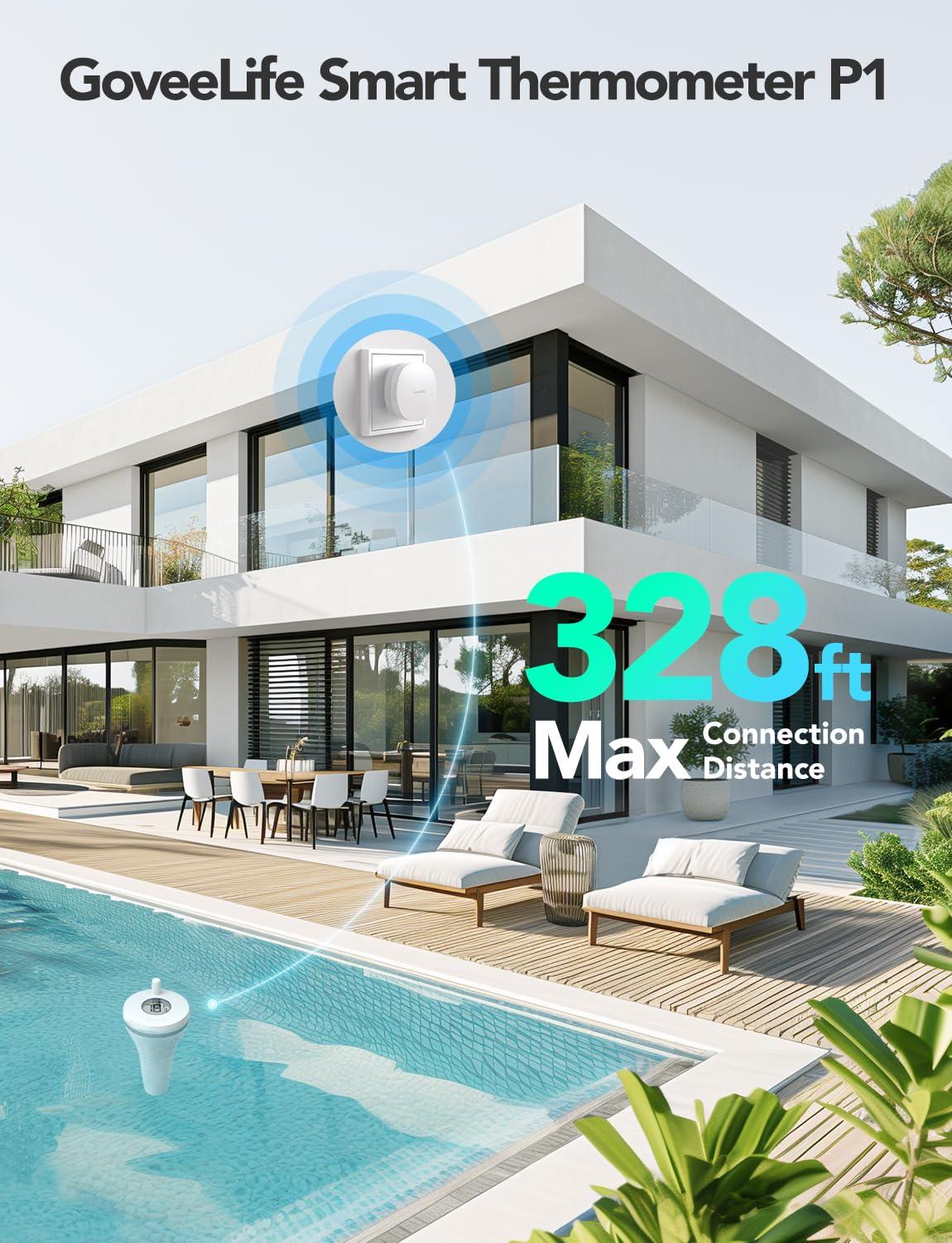 imageGoveeLife Smart Pool Thermometer Wireless App Easy Read WiFi Digital Pool Thermometer Floating with IPX7 Waterproof Notification Alert Water Temperature Monitor for Swimming Pond Bath Tub Hot Tub1 Gateway  1 Sensor