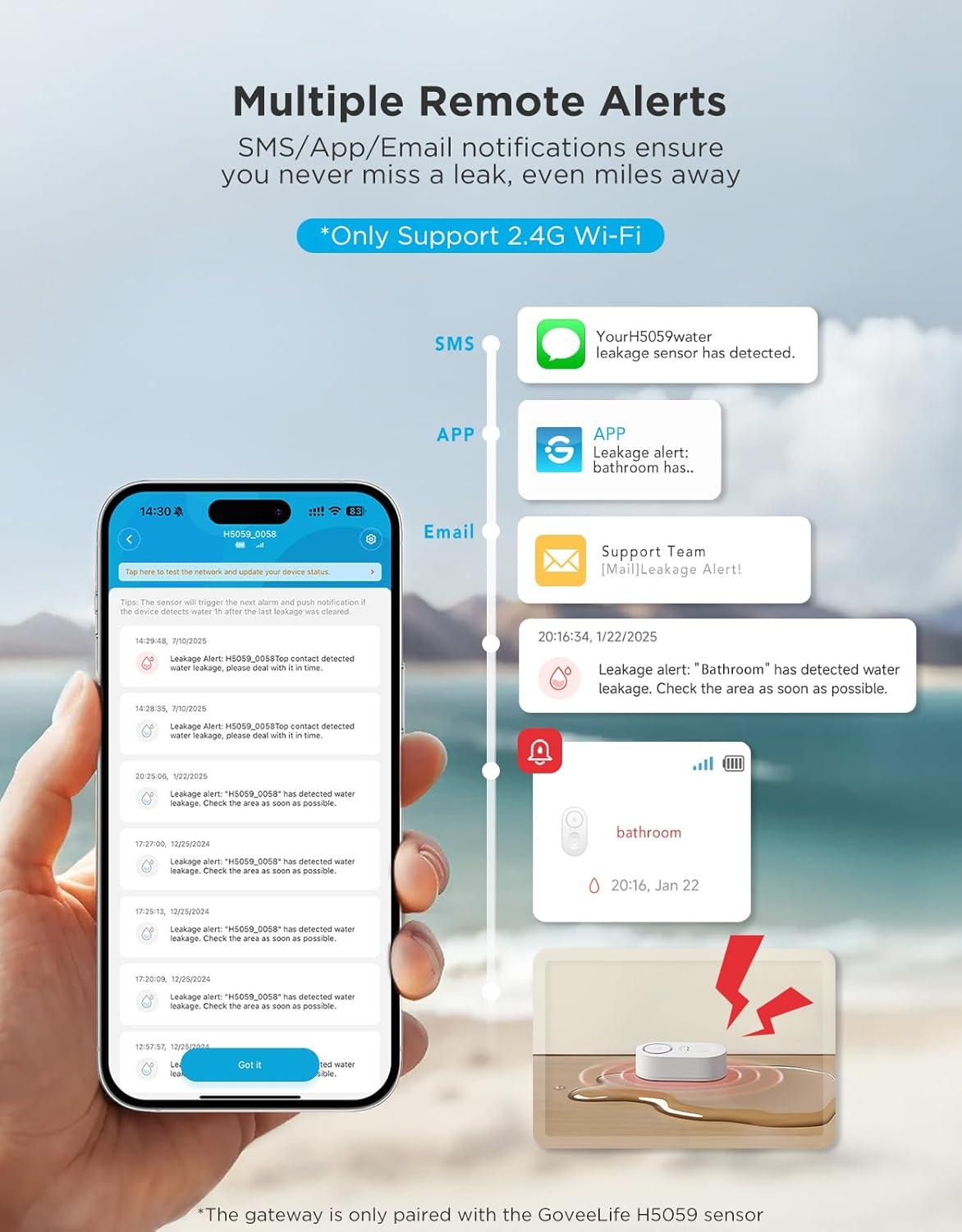 imageGoveeLife Upgraded Smart Water Leak Detector 1s with 1804ft UltraLong Range WiFi Water Sensor with SMSEmailAPP Push and Sound Alarm 5Year Battery Life Suit for Home Basement Kitchen 3 PackGateway3 Sensor
